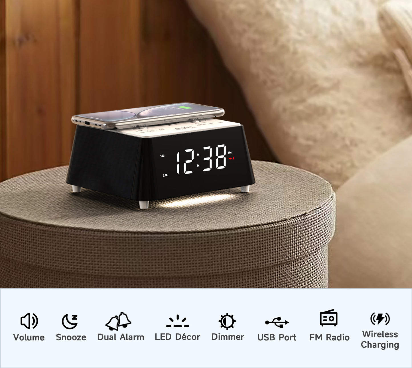 Radio despertador inalámbrico de carga para mesita de noche con altavoz Bluetooth, radio FM, alarma dual con repetición, carga USB, luz nocturna y pantalla regulable iTOMA 205