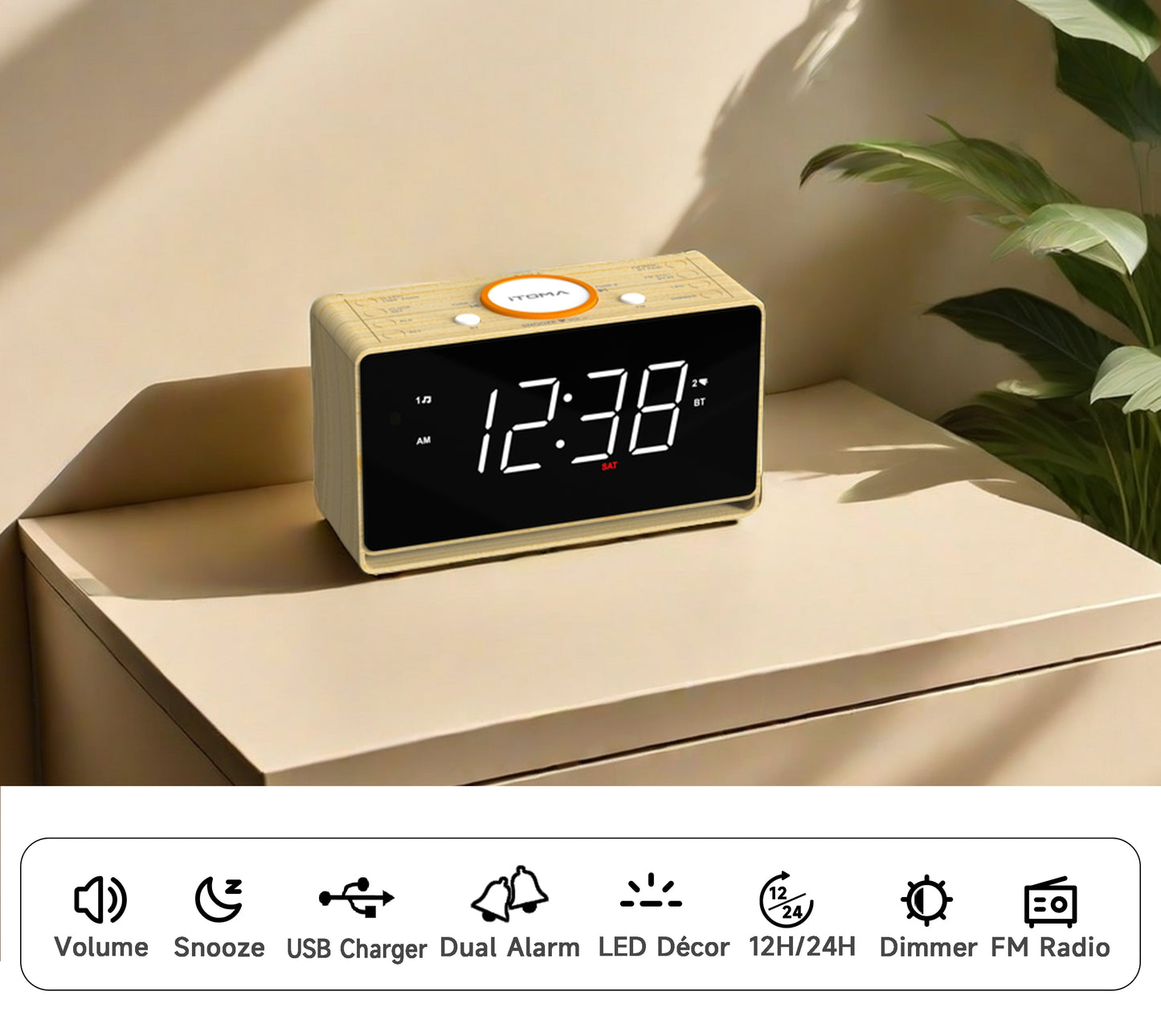 Digital Alarm Clock Radio, 1.4" White LED Display Clock with Bluetooth, FM Radio, Dual Alarm, Sleep Timer, Snooze, Auto & Manual Dimmer, USB Charger and Night Light iTOMA 718