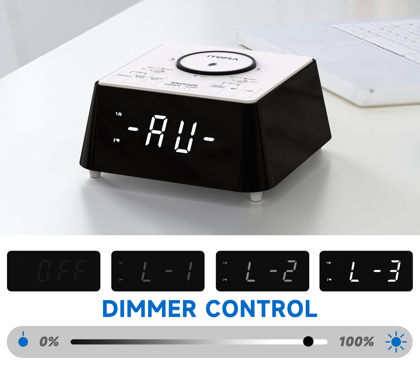 Radio despertador inalámbrico de carga para mesita de noche con altavoz Bluetooth, radio FM, alarma dual con repetición, carga USB, luz nocturna y pantalla regulable iTOMA 205
