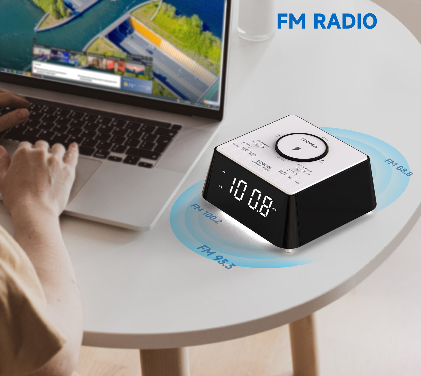 Radio despertador inalámbrico de carga para mesita de noche con altavoz Bluetooth, radio FM, alarma dual con repetición, carga USB, luz nocturna y pantalla regulable iTOMA 205