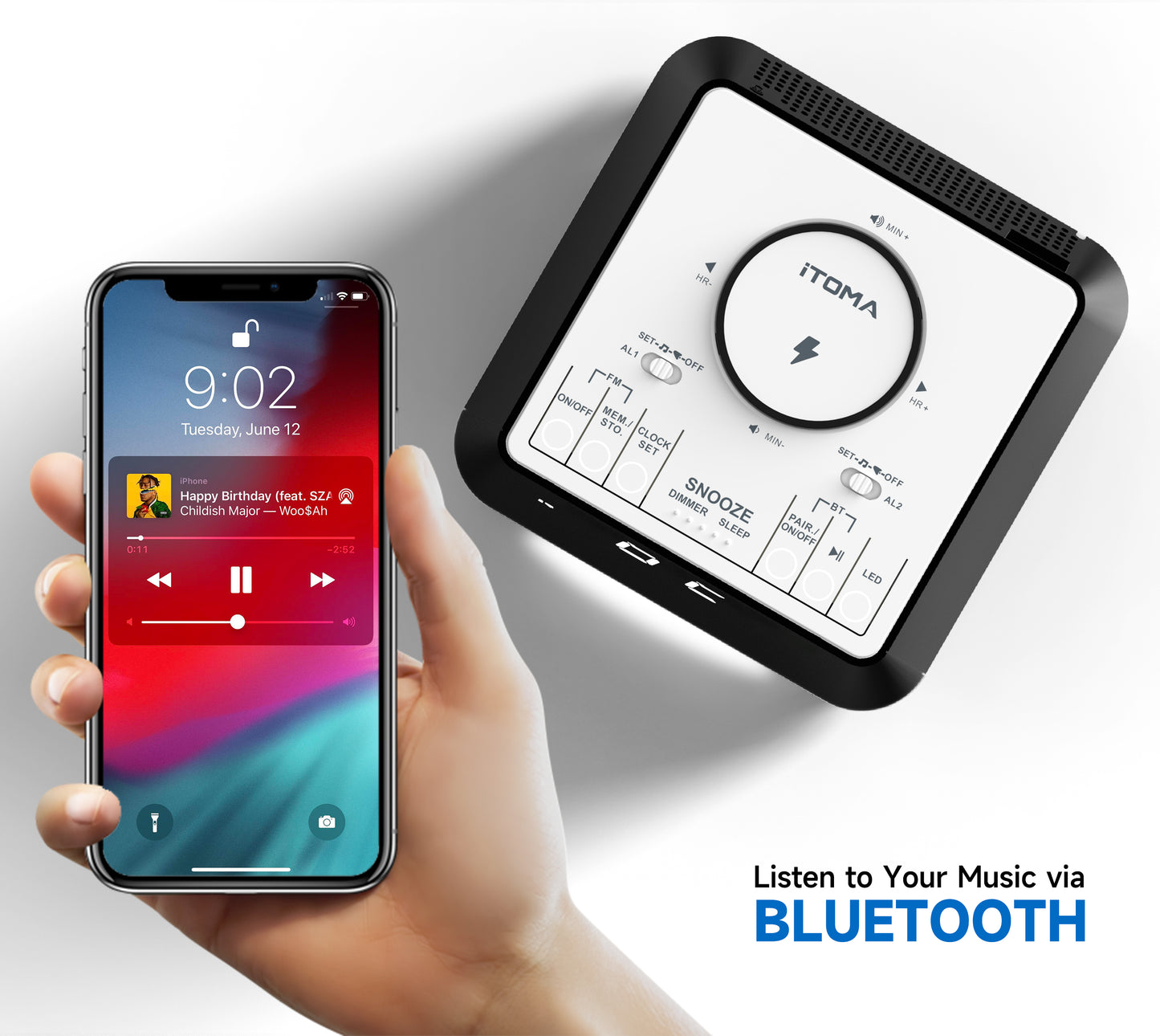 Radio despertador inalámbrico de carga para mesita de noche con altavoz Bluetooth, radio FM, alarma dual con repetición, carga USB, luz nocturna y pantalla regulable iTOMA 205