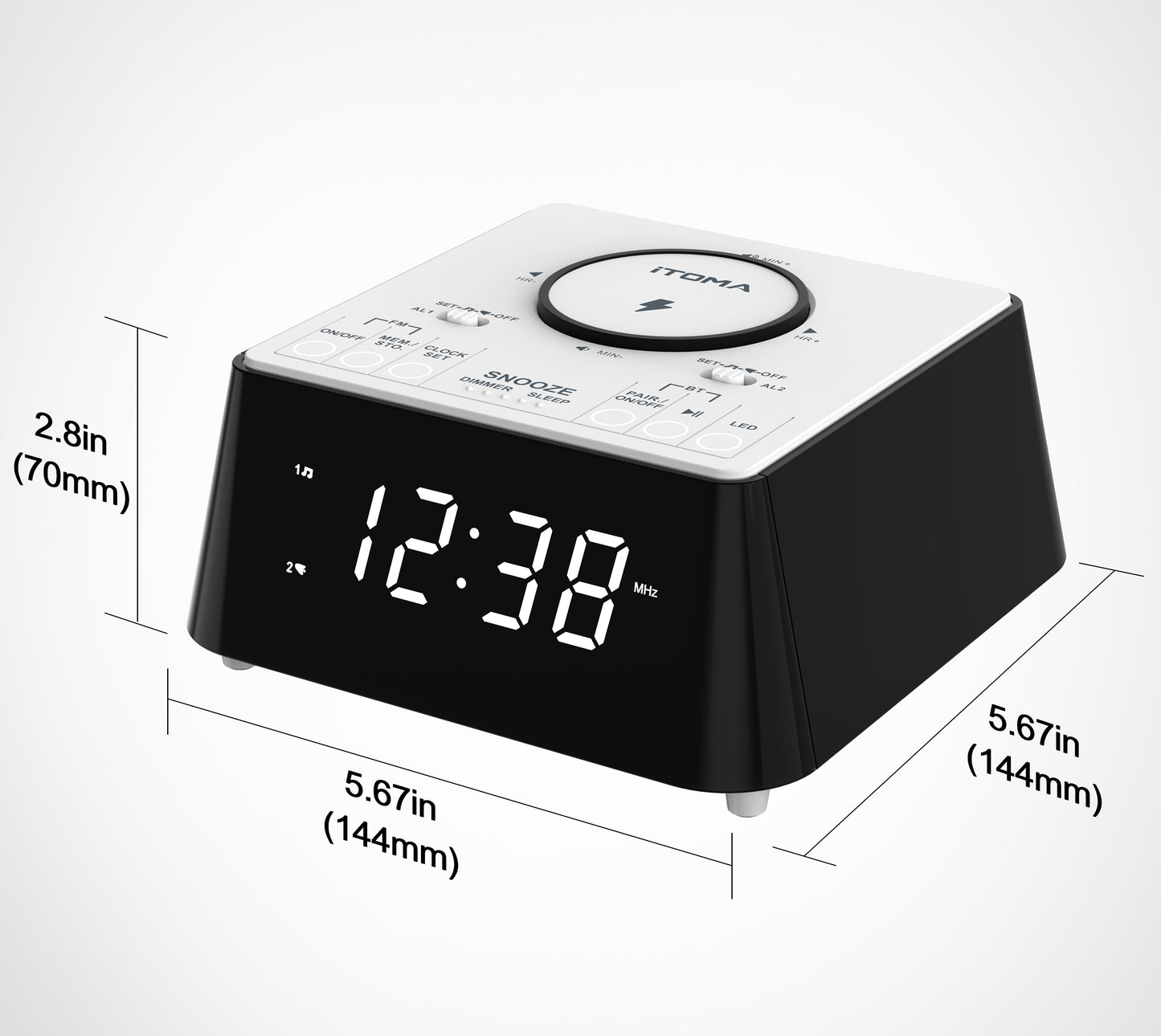 Radio despertador inalámbrico de carga para mesita de noche con altavoz Bluetooth, radio FM, alarma dual con repetición, carga USB, luz nocturna y pantalla regulable iTOMA 205