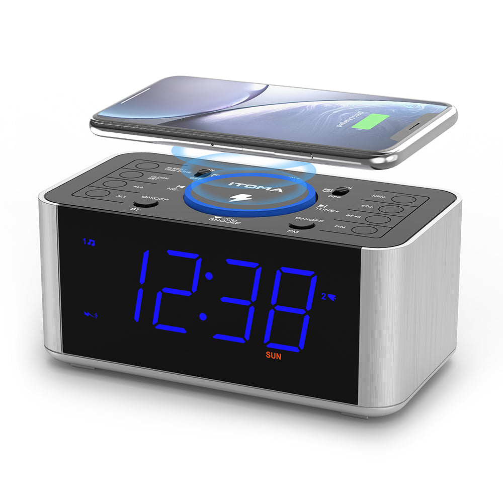 Bedside Alarm Clock Radio with 5W Wireless Charging, Snooze,Bluetooth, Dual Alarm, 1.4'' LED Display, Dimmer, USB Charging Clock for Bedside iTOMA 206S