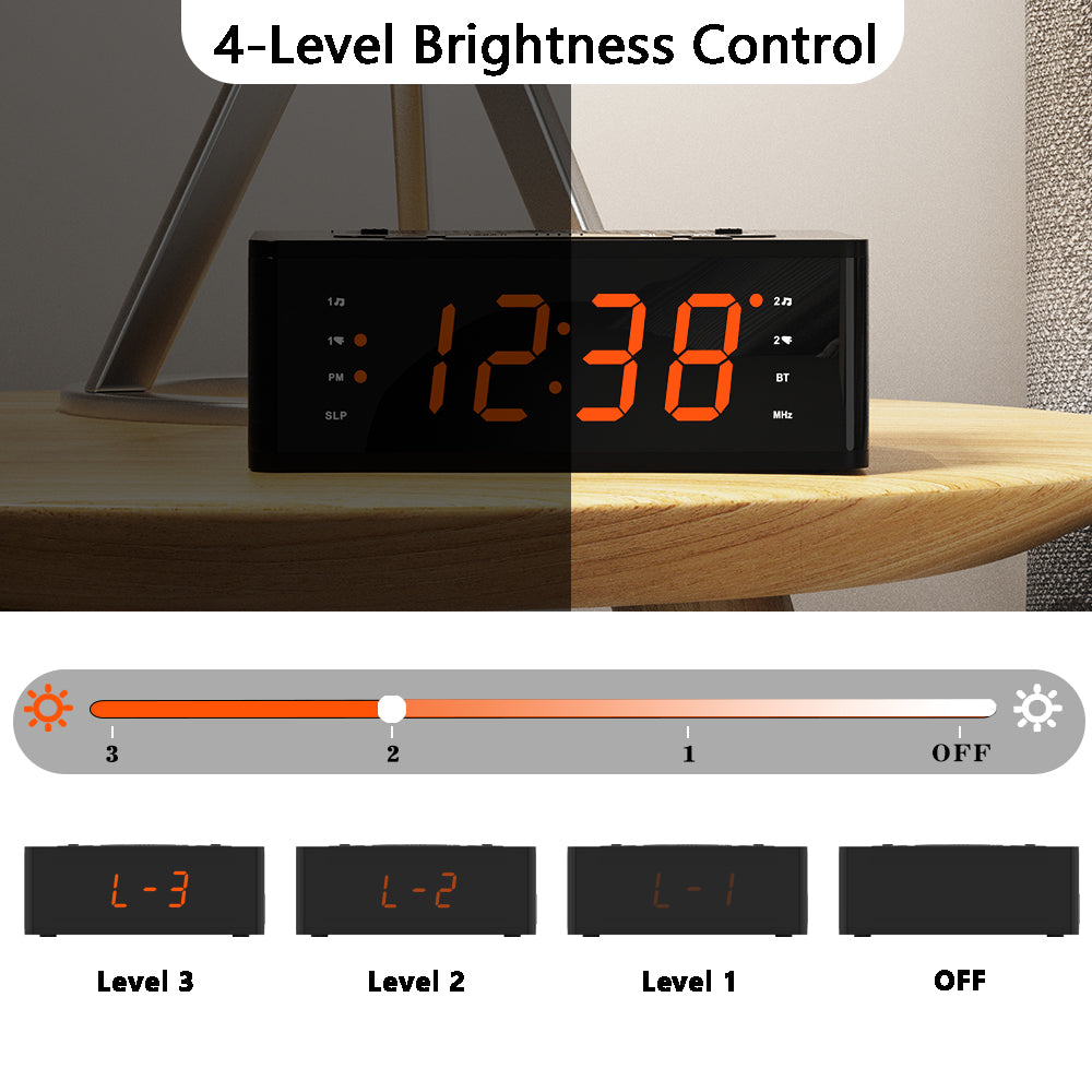 iTOMA 515-AU Bedroom Digital Alarm clock with FM radio, Bluetooth, Dimmable LED display screen, sleep timer, adjustable volume, dual alarm clock with on/off button, bedside alarm clock for adults, the elderly and children