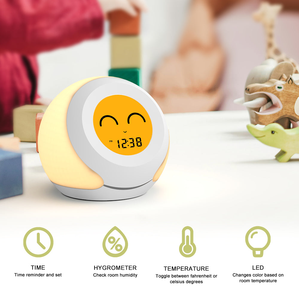 iTOMA 915-AU Kids Room Thermometer, Hygrometer and Cute Facial Expressions, Colorful Light Choose, 4 Level Dimmer, Indoor Temperature Monitor, LCD Screen Child Time Display Temperature and Humidity Gauge