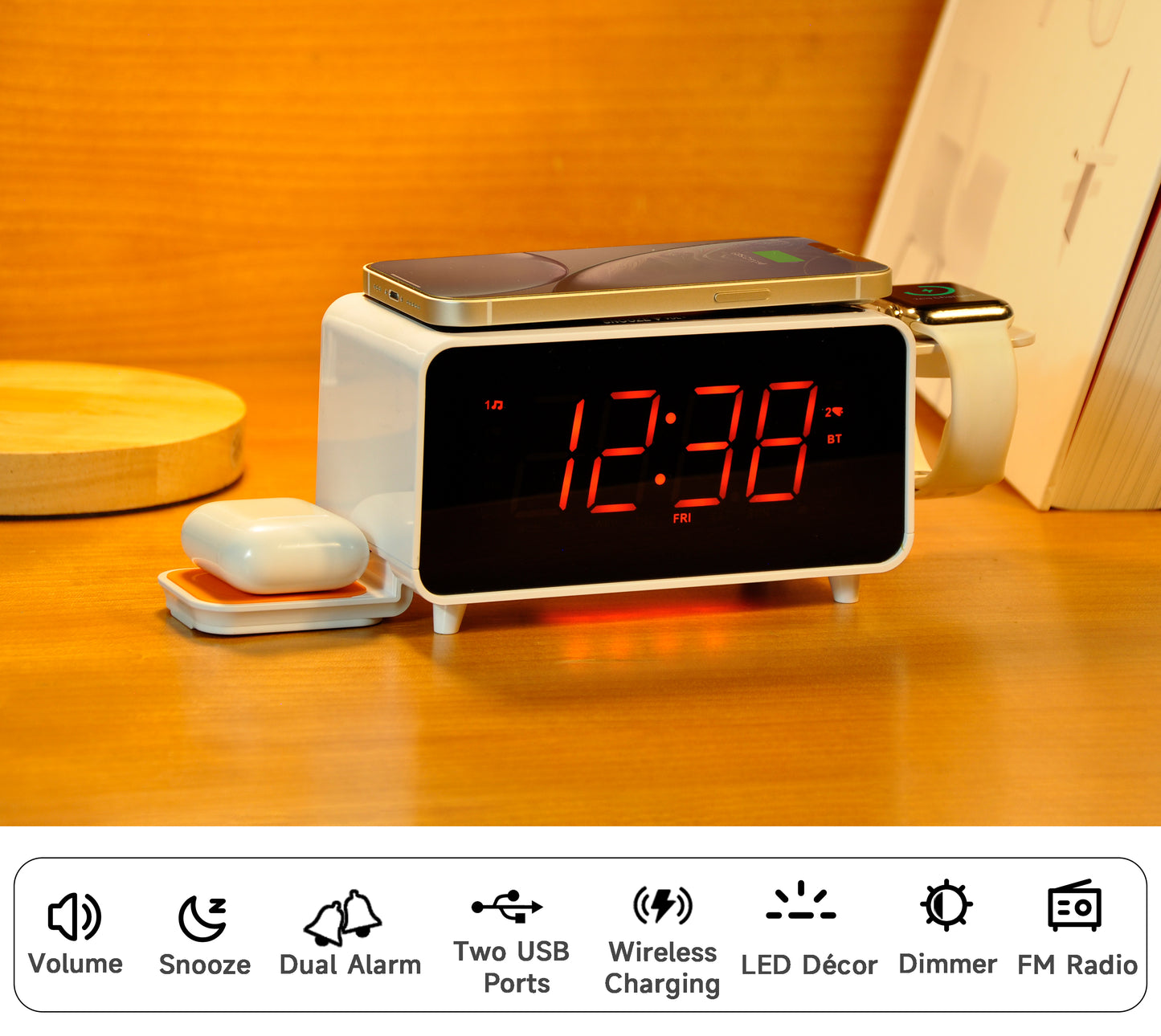 iTOMA 209A-AU Bedside App Control Dual Wireless Charging Alarm Clock Radio with Bluetooth Speaker, FM Radio, Two USB Port, Dual Alarm, Snooze, Night Light, Auto & Manual Dimmer Control and 1.4" Orange Display