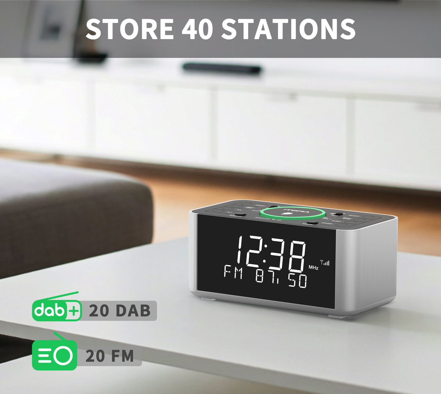 Wecker mit DAB- und FM-Radio, kabelloses Laden, 40 voreingestellte Sender, zwei Alarme, Schlummerfunktion, dimmbares LCD-Display, Bluetooth, USB-Ladefunktion und Kopfhöreranschluss, Radiowecker fürs Bett iTOMA 206D