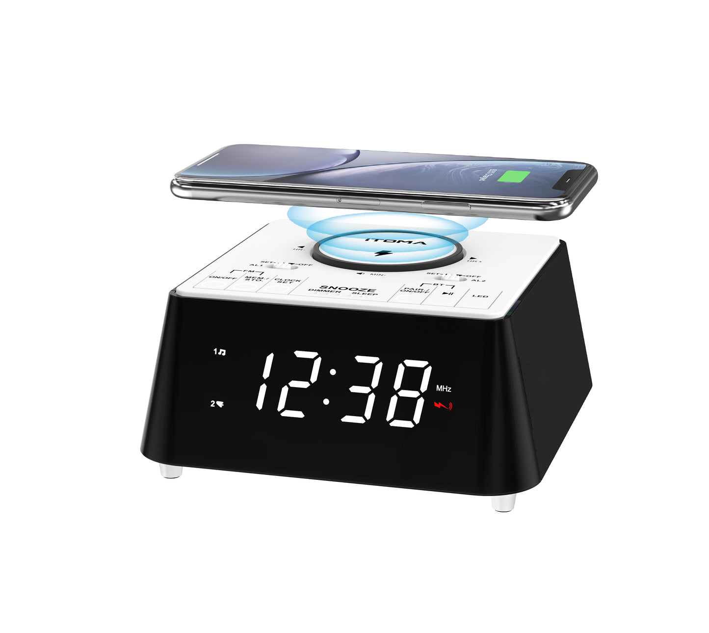 Radio despertador inalámbrico de carga para mesita de noche con altavoz Bluetooth, radio FM, alarma dual con repetición, carga USB, luz nocturna y pantalla regulable iTOMA 205