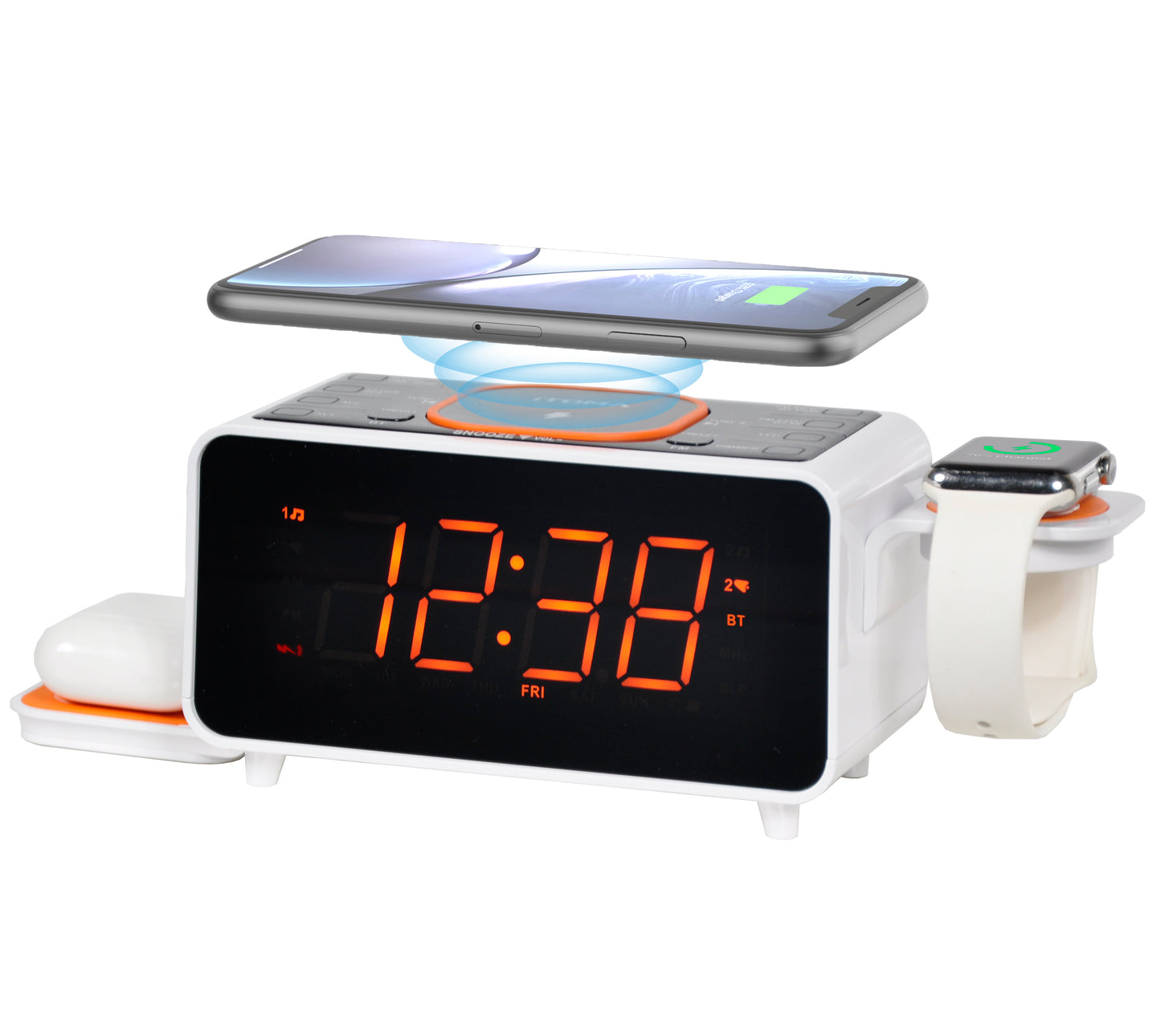 iTOMA 209A-AU Bedside App Control Dual Wireless Charging Alarm Clock Radio with Bluetooth Speaker, FM Radio, Two USB Port, Dual Alarm, Snooze, Night Light, Auto & Manual Dimmer Control and 1.4" Orange Display