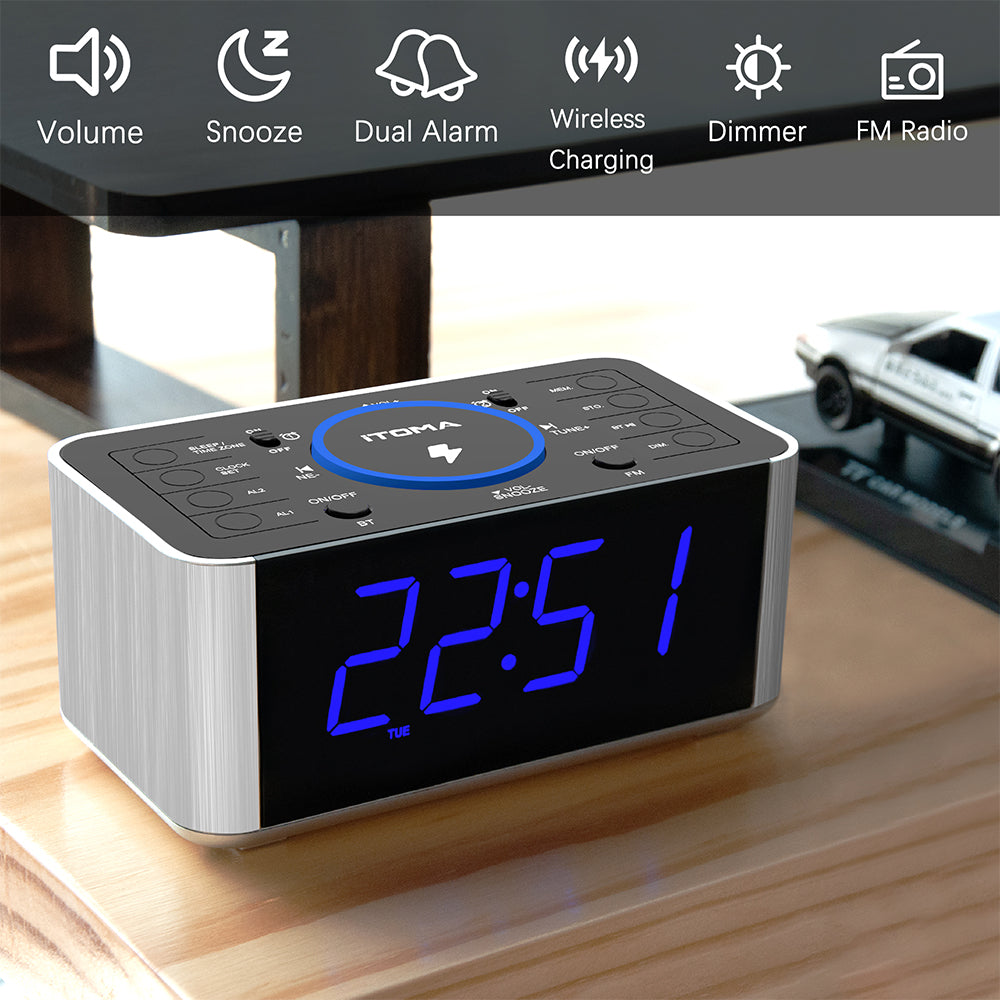 Bedside Alarm Clock Radio with 5W Wireless Charging, Snooze,Bluetooth, Dual Alarm, 1.4'' LED Display, Dimmer, USB Charging Clock for Bedside iTOMA 206S