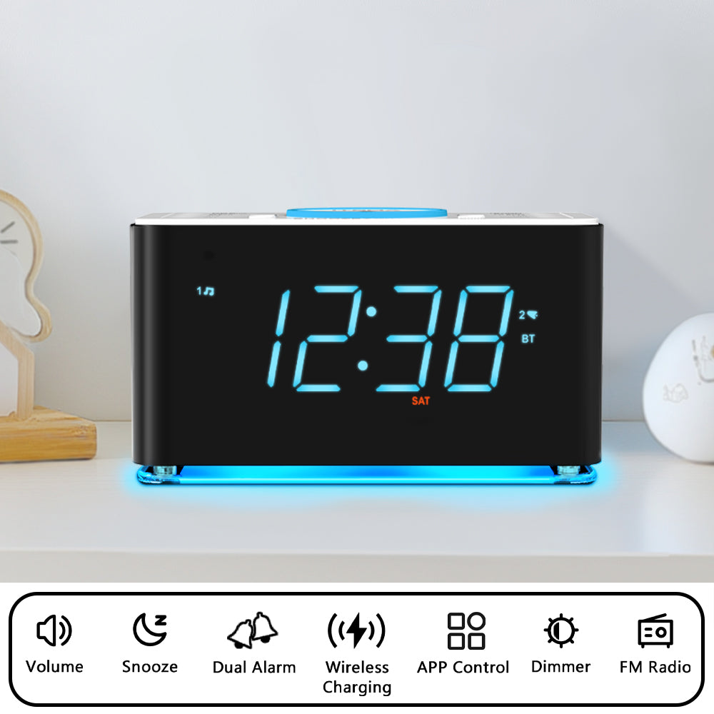 iTOMA 207A-AU Creative APP Control, Alarm Clock Radio with 15W Wireless Charger, FM Radio, Bluetooth, Two Charging Ports, Dual Alarm, Sleep Timer, Snooze, Auto-Manual Dimmer, Night Light &1.4" Ice Blue LED Display Clock Radio for Bedroom
