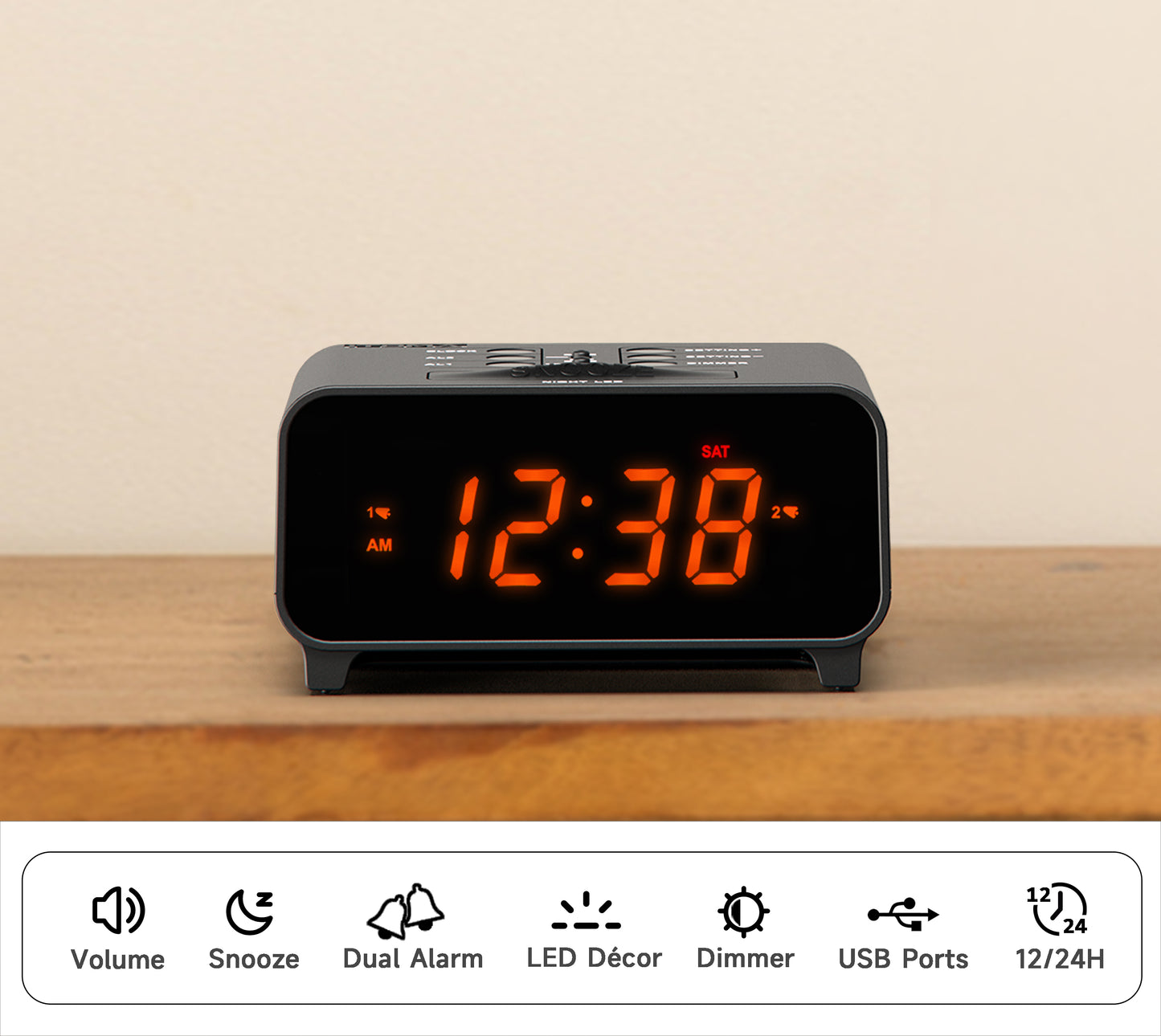 iTOMA 213-AU Small Alarm Clocks, Dual Alarms with 4 Alarm Week Modes, Snooze, USB Charger, Auto & Manual Dimmer,12/24Hr,Night Light and Orange LED Display Clock for Bedrooms