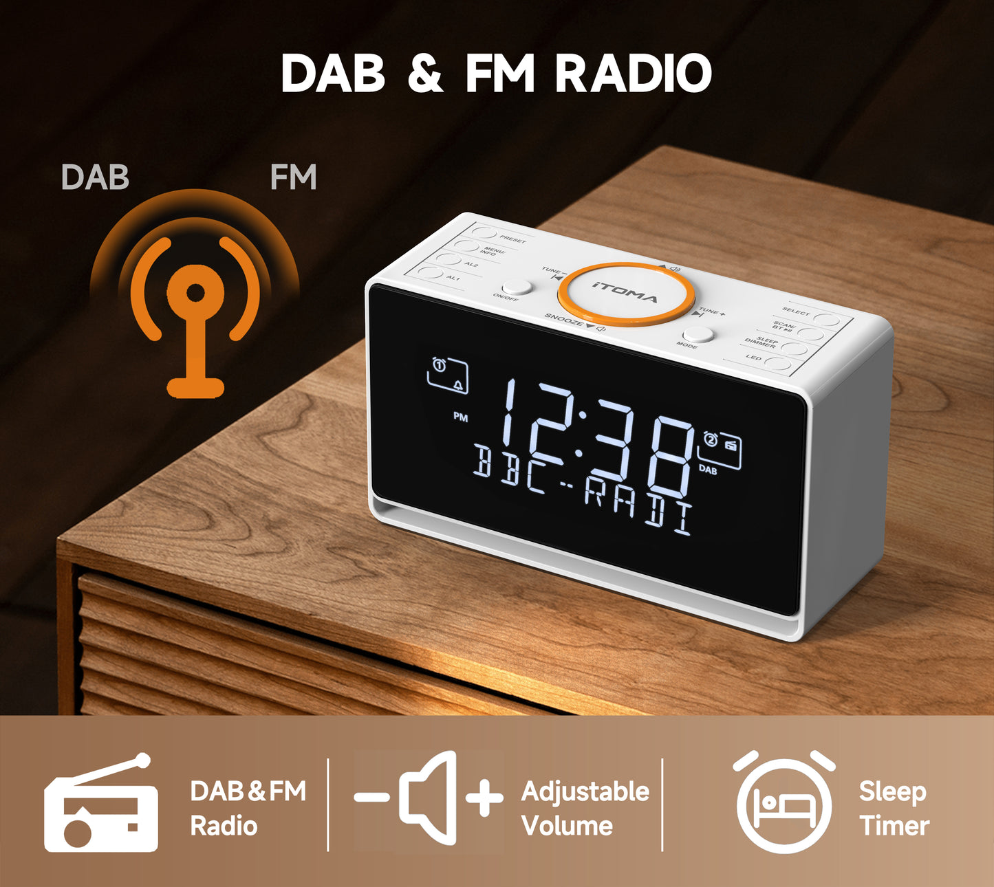iTOMA 728-AU DAB and FM, Bluetooth, dual alarm clocks, sleep timer, dimming control, USB charger and headphone jack