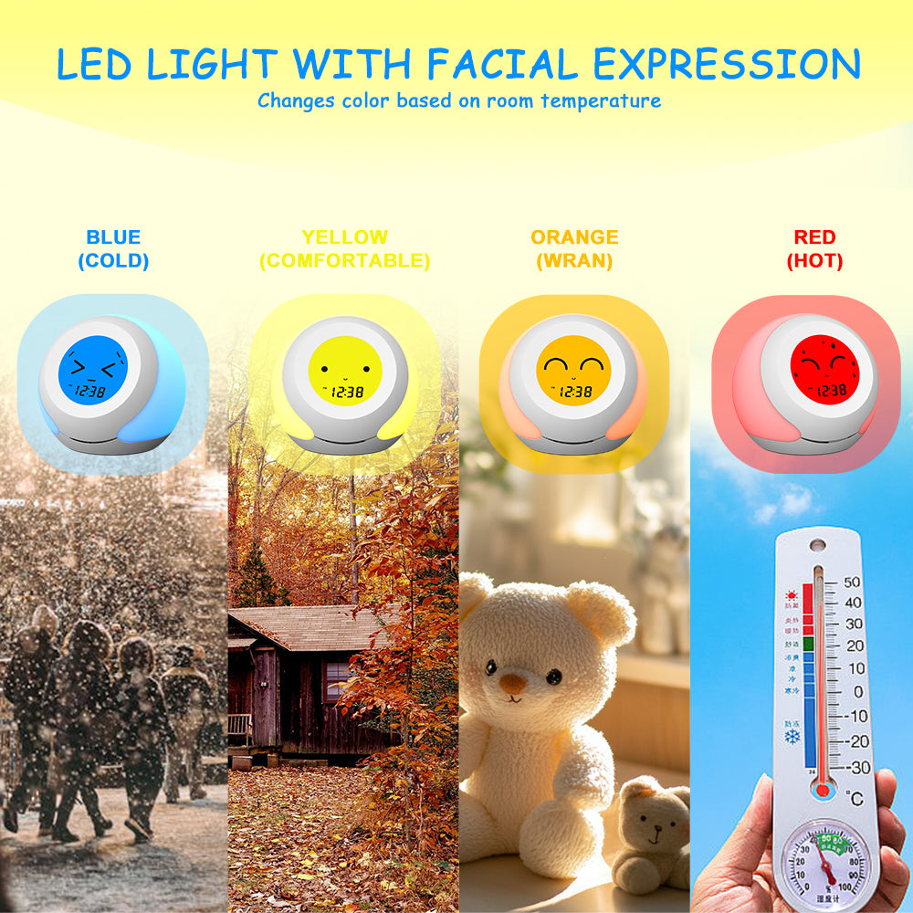iTOMA 915-AU Kids Room Thermometer, Hygrometer and Cute Facial Expressions, Colorful Light Choose, 4 Level Dimmer, Indoor Temperature Monitor, LCD Screen Child Time Display Temperature and Humidity Gauge