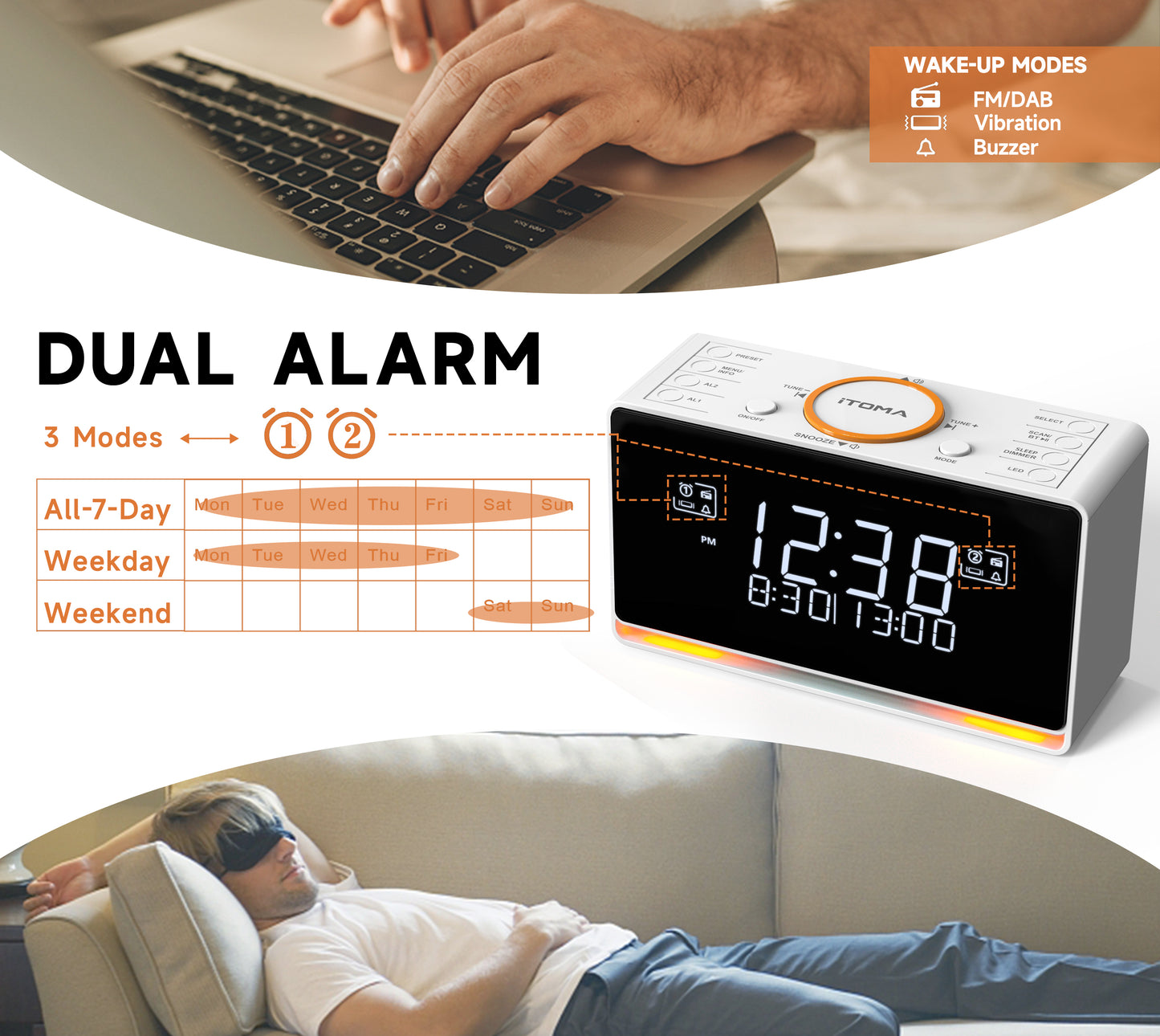 iTOMA 728-AU DAB and FM, Bluetooth, dual alarm clocks, sleep timer, dimming control, USB charger and headphone jack