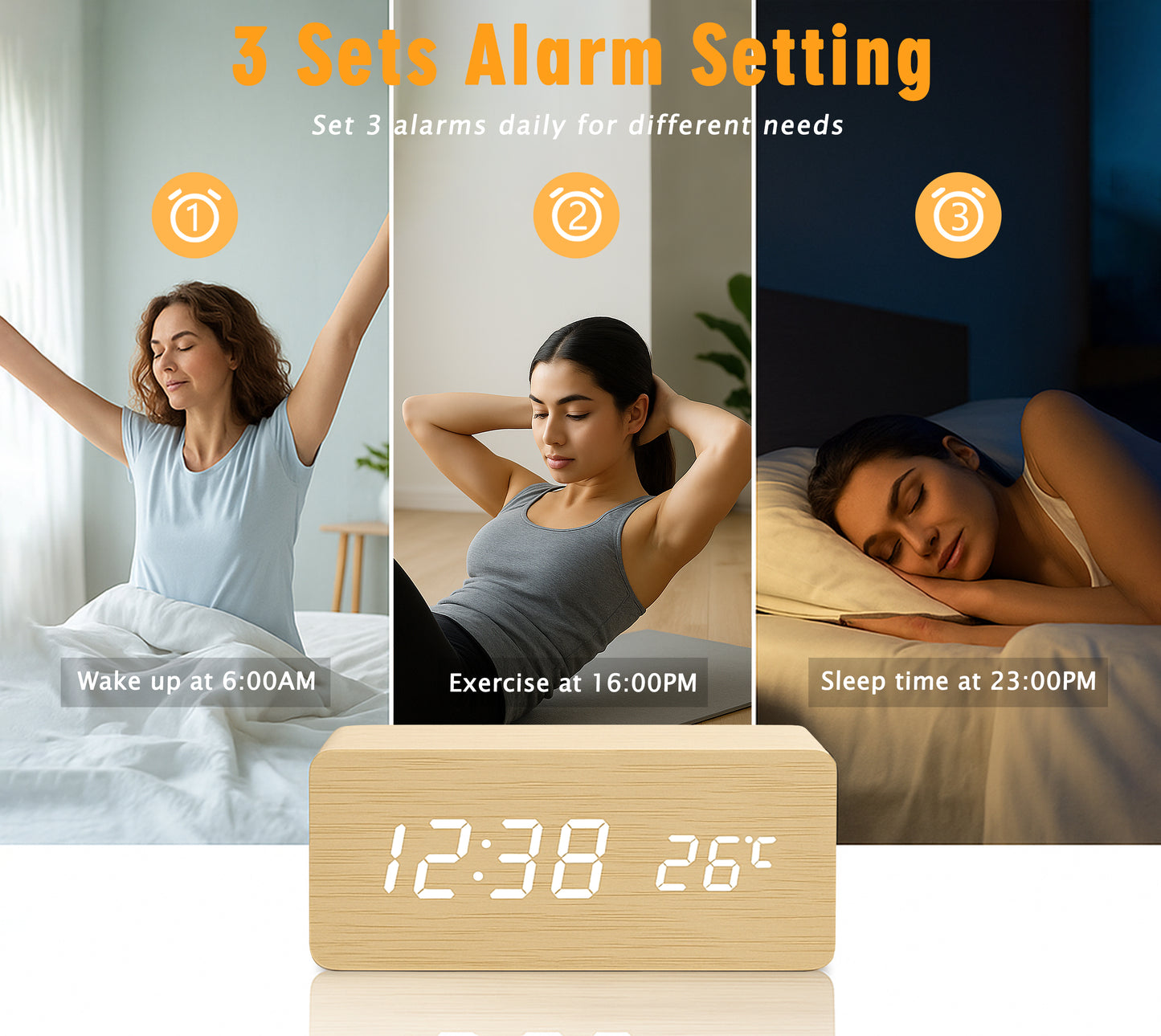 Multi-Function Digital Clock, Adjusting Brightness LED Alarm Clock with Time/Date/Temp Display Wooden Clock Smart Sleep Mode & DC/Battery for Home Office Travel