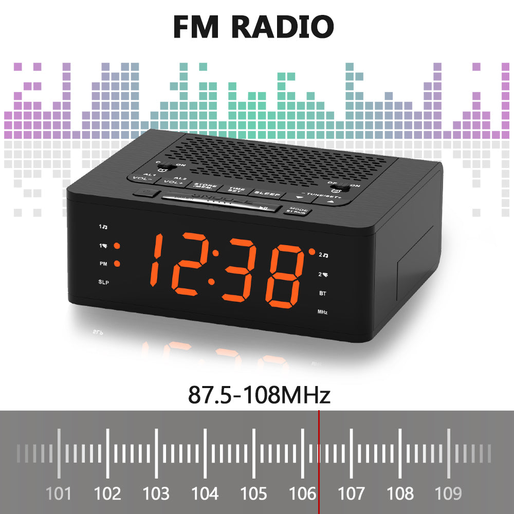 iTOMA 515-AU Bedroom Digital Alarm clock with FM radio, Bluetooth, Dimmable LED display screen, sleep timer, adjustable volume, dual alarm clock with on/off button, bedside alarm clock for adults, the elderly and children