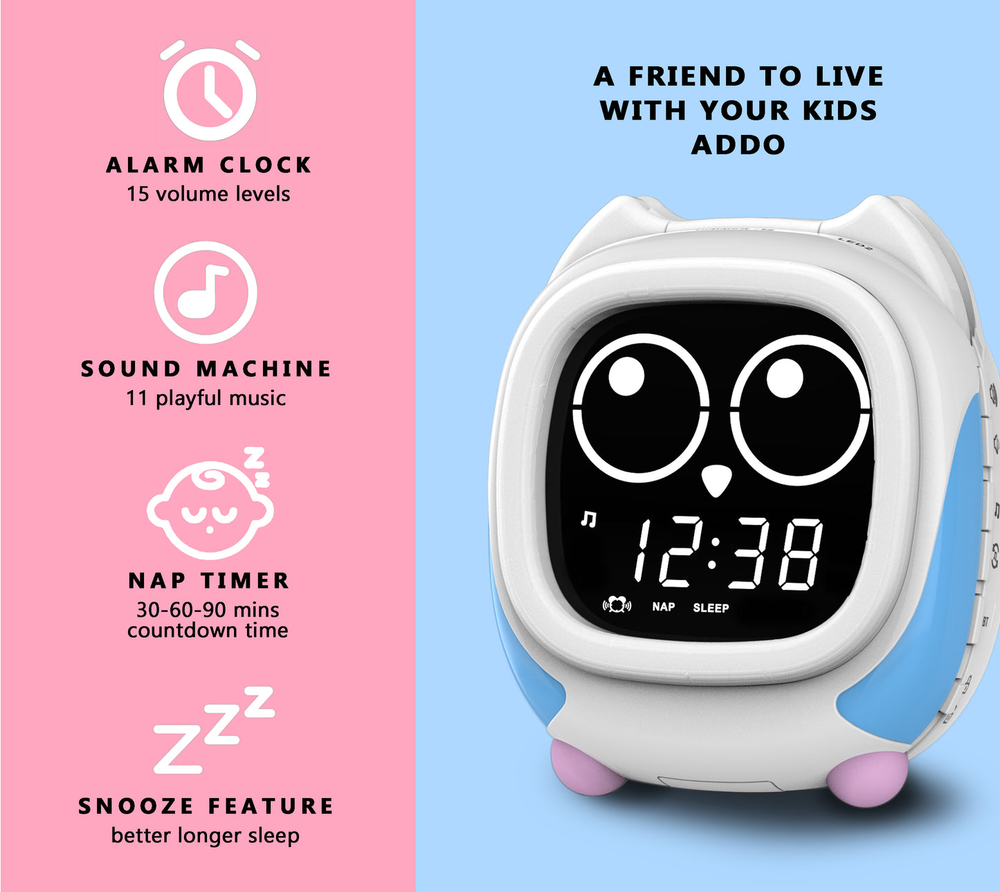 Kinderwecker Addo, Sonnenaufgangs-/Sonnenuntergangssimulation, Nachttischlampe, Uhrentrainer für Kinder mitwachsen und Bluetooth-Musikplayer, Weißes Rauschen, Schlafgeräusche, Weckuhr, Eule, iTOMA