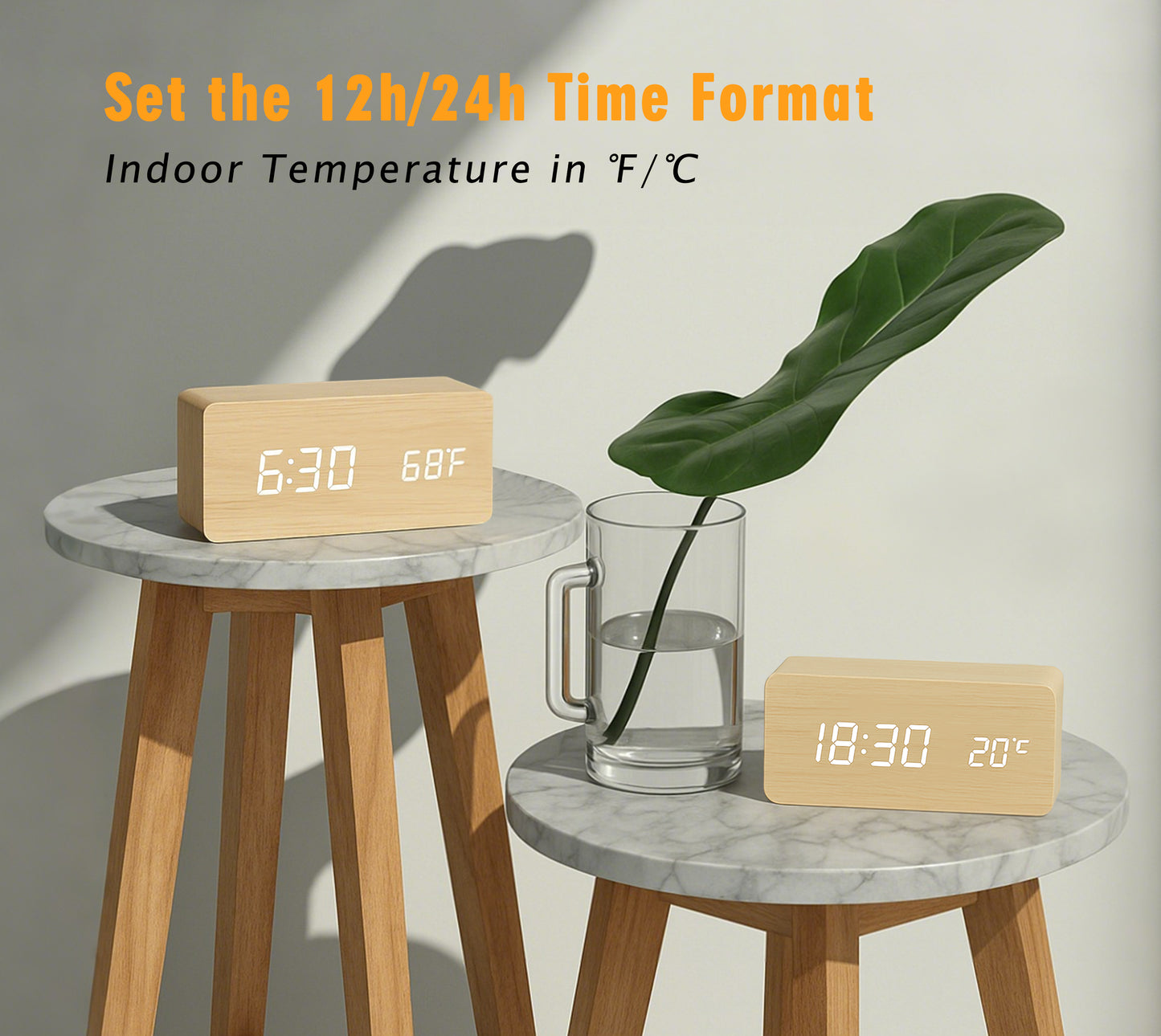 Multi-Function Digital Clock, Adjusting Brightness LED Alarm Clock with Time/Date/Temp Display Wooden Clock Smart Sleep Mode & DC/Battery for Home Office Travel