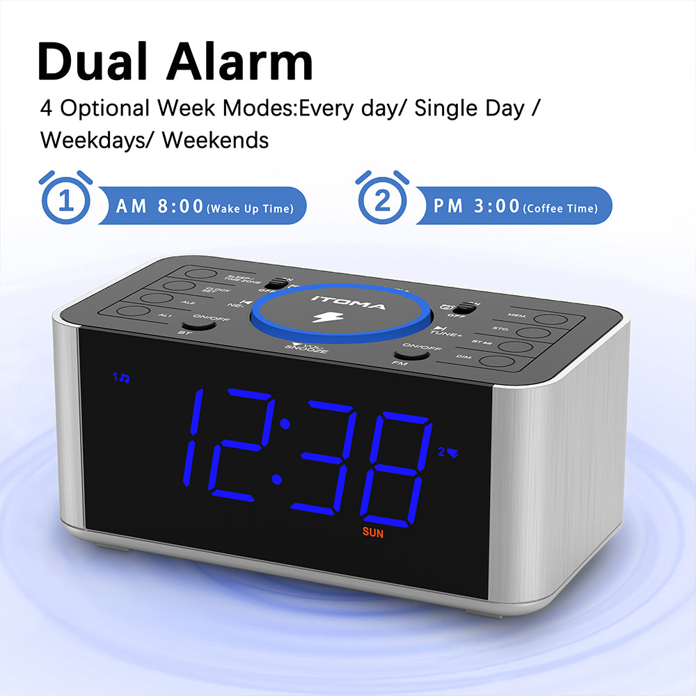 Bedside Alarm Clock Radio with 5W Wireless Charging, Snooze,Bluetooth, Dual Alarm, 1.4'' LED Display, Dimmer, USB Charging Clock for Bedside iTOMA 206S