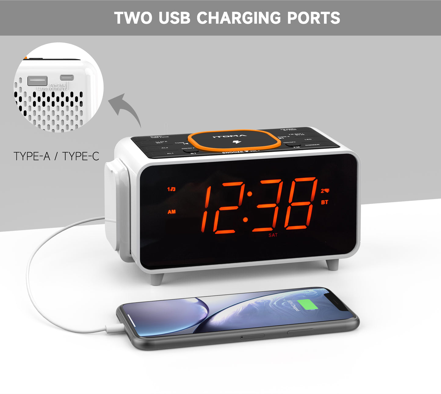 iTOMA 209A-AU Bedside App Control Dual Wireless Charging Alarm Clock Radio with Bluetooth Speaker, FM Radio, Two USB Port, Dual Alarm, Snooze, Night Light, Auto & Manual Dimmer Control and 1.4" Orange Display