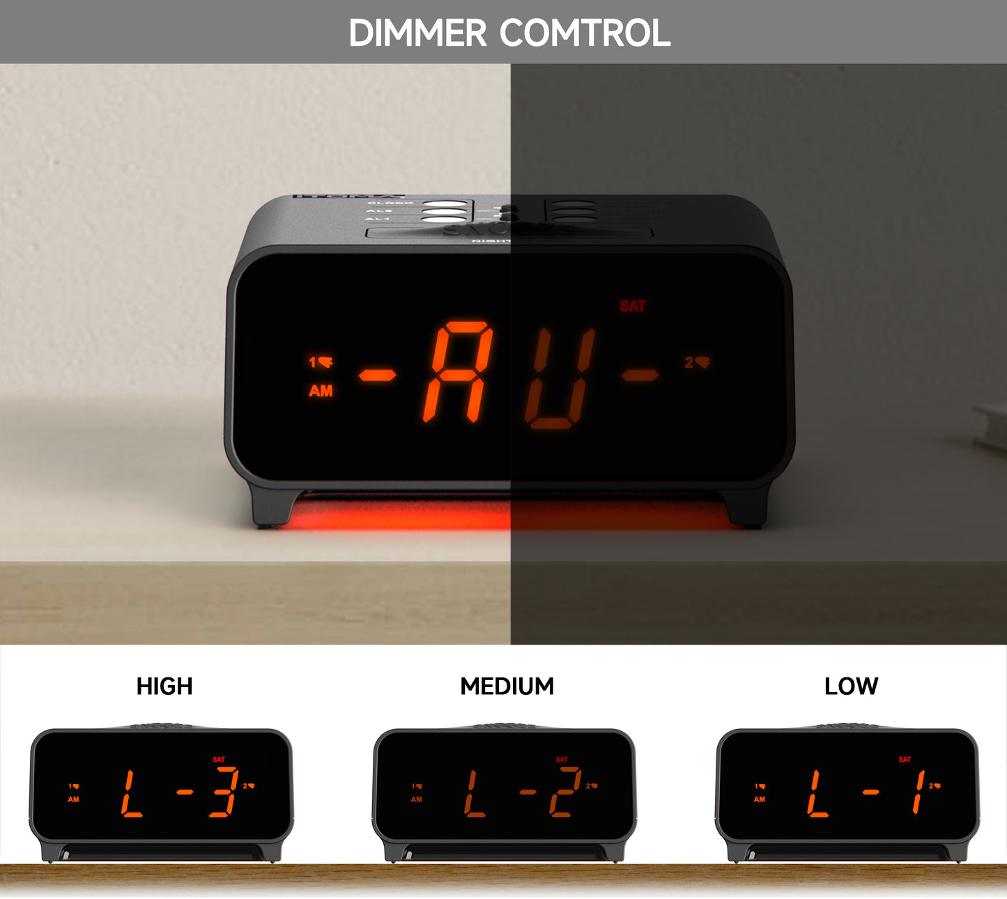 iTOMA 213-AU Small Alarm Clocks, Dual Alarms with 4 Alarm Week Modes, Snooze, USB Charger, Auto & Manual Dimmer,12/24Hr,Night Light and Orange LED Display Clock for Bedrooms