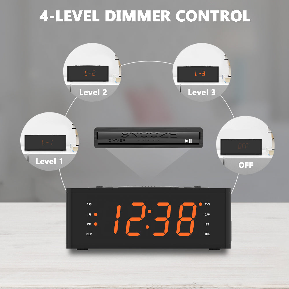 iTOMA 515-AU Bedroom Digital Alarm clock with FM radio, Bluetooth, Dimmable LED display screen, sleep timer, adjustable volume, dual alarm clock with on/off button, bedside alarm clock for adults, the elderly and children