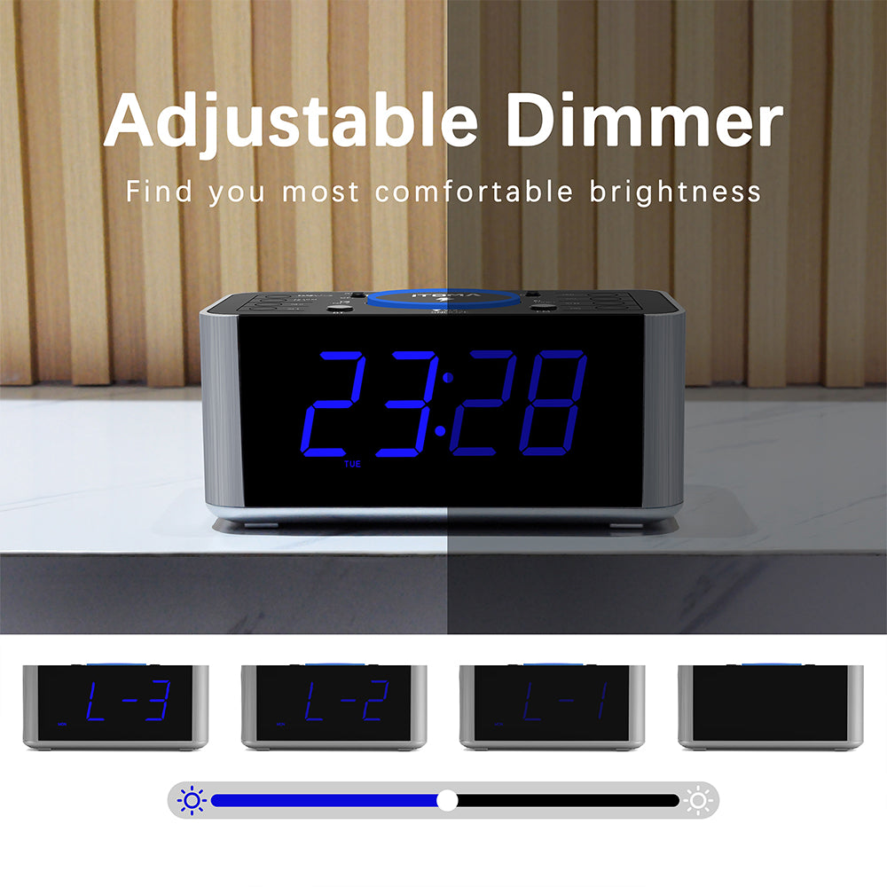 Bedside Alarm Clock Radio with 5W Wireless Charging, Snooze,Bluetooth, Dual Alarm, 1.4'' LED Display, Dimmer, USB Charging Clock for Bedside iTOMA 206S