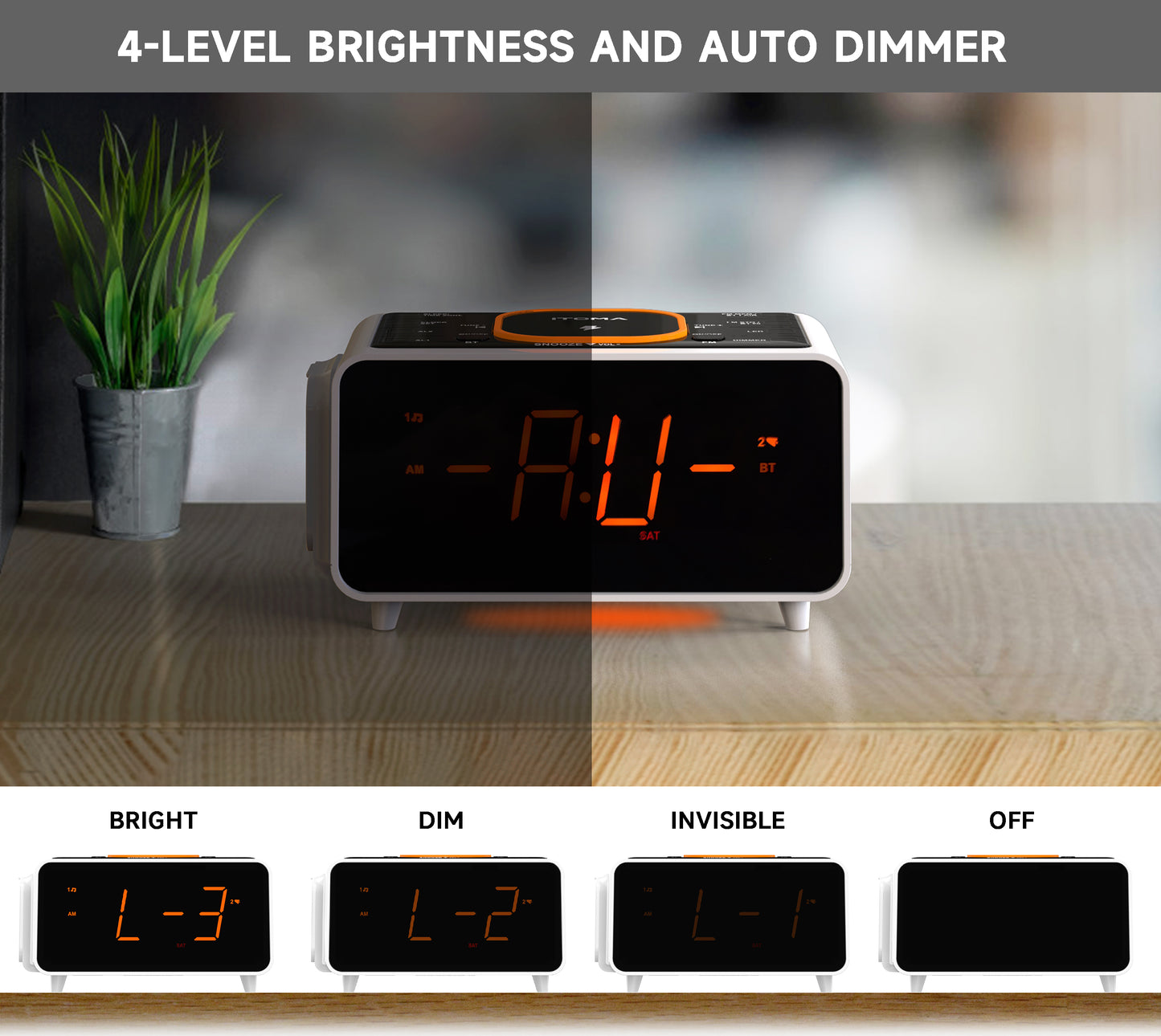 iTOMA 209A-AU Bedside App Control Dual Wireless Charging Alarm Clock Radio with Bluetooth Speaker, FM Radio, Two USB Port, Dual Alarm, Snooze, Night Light, Auto & Manual Dimmer Control and 1.4" Orange Display