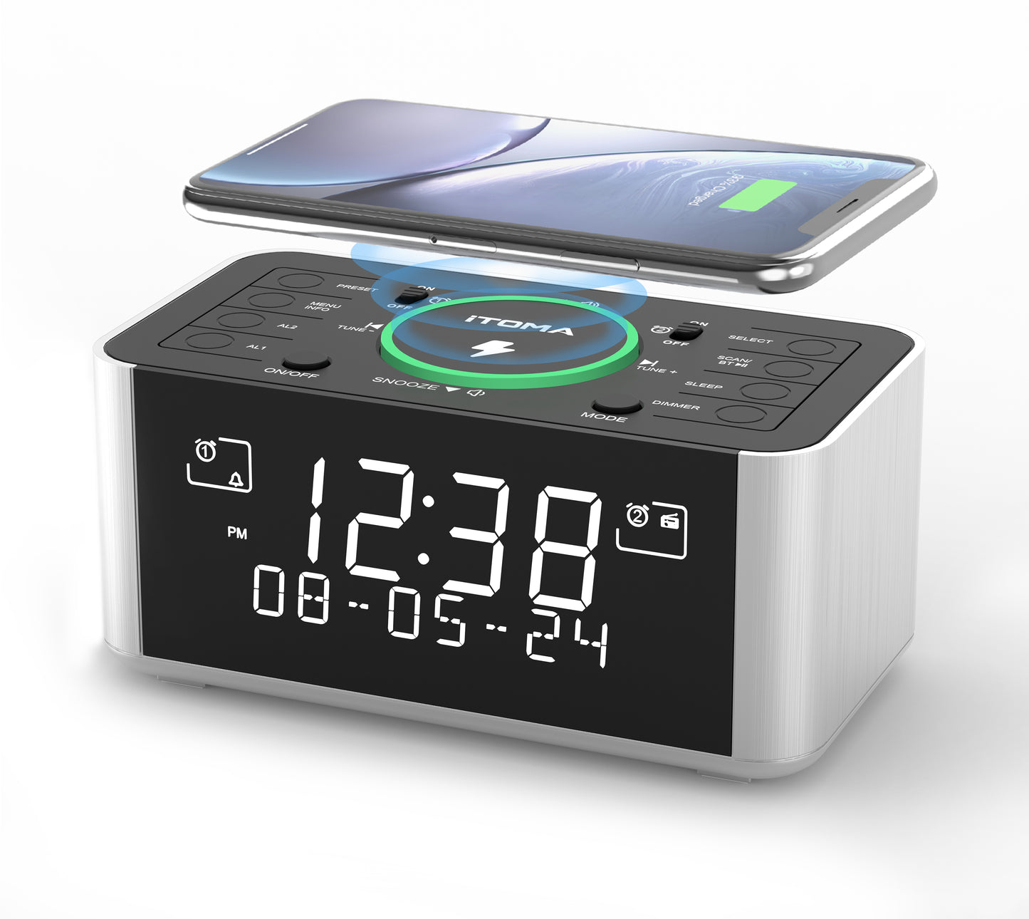 Wecker mit DAB- und FM-Radio, kabelloses Laden, 40 voreingestellte Sender, zwei Alarme, Schlummerfunktion, dimmbares LCD-Display, Bluetooth, USB-Ladefunktion und Kopfhöreranschluss, Radiowecker fürs Bett iTOMA 206D