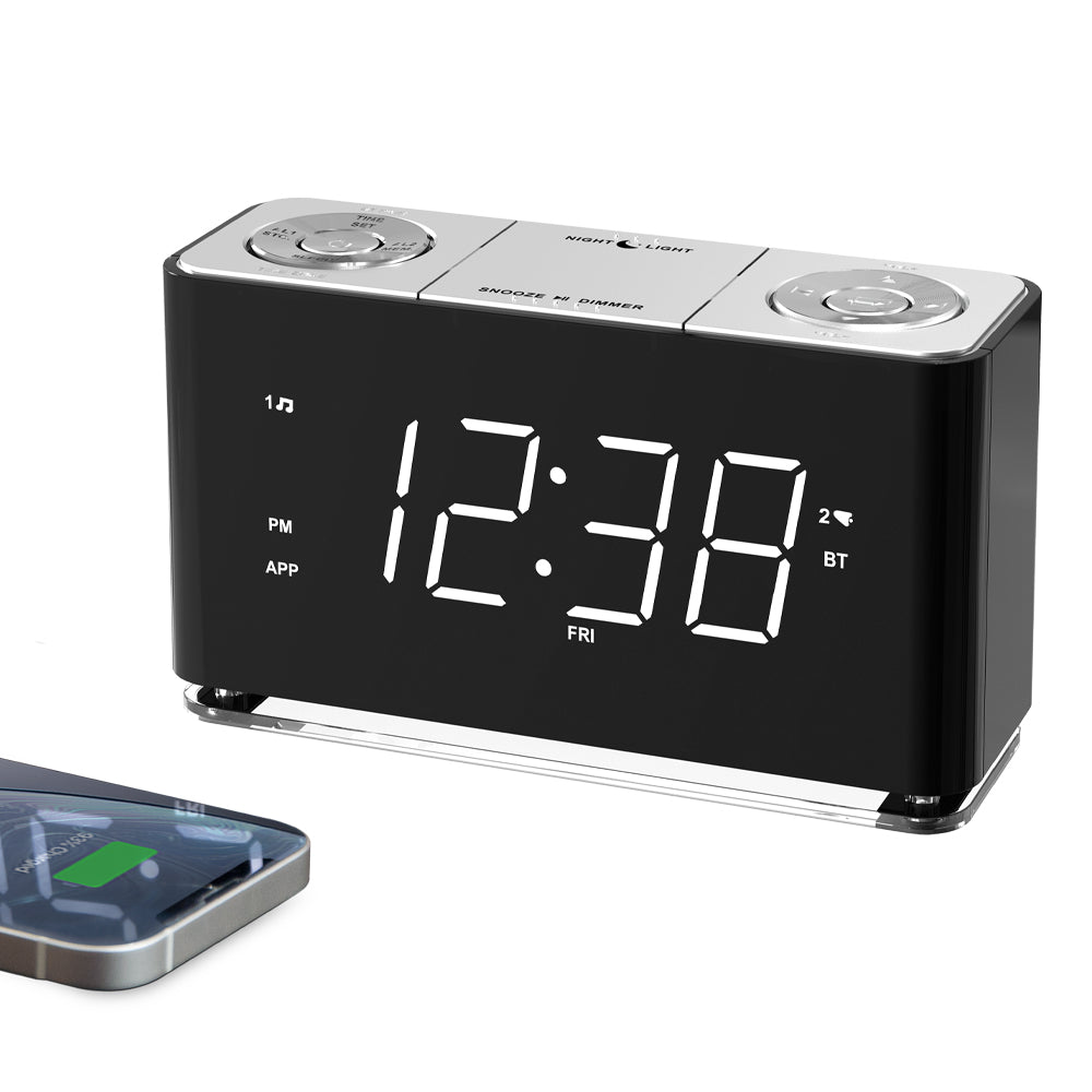 Radio reloj digital creativo, despertador con Bluetooth, pantalla LED grande, radio FM, alarma dual, puerto de carga USB, luz nocturna, atenuador automático y manual, función de repetición, temporizador de apagado automático iTOMA 507A