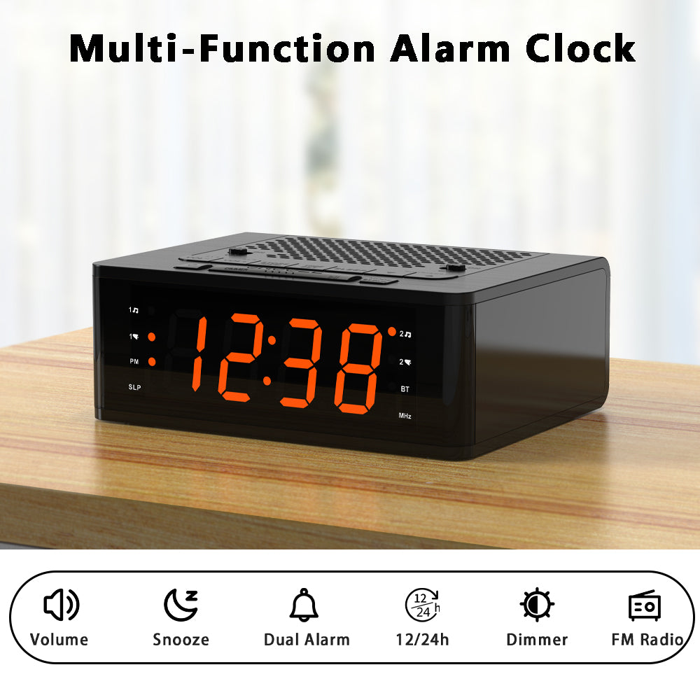 iTOMA 515-AU Bedroom Digital Alarm clock with FM radio, Bluetooth, Dimmable LED display screen, sleep timer, adjustable volume, dual alarm clock with on/off button, bedside alarm clock for adults, the elderly and children