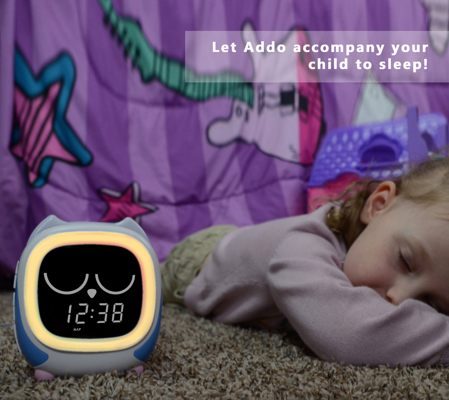 Kinderwecker Addo, Sonnenaufgangs-/Sonnenuntergangssimulation, Nachttischlampe, Uhrentrainer für Kinder mitwachsen und Bluetooth-Musikplayer, Weißes Rauschen, Schlafgeräusche, Weckuhr, Eule, iTOMA