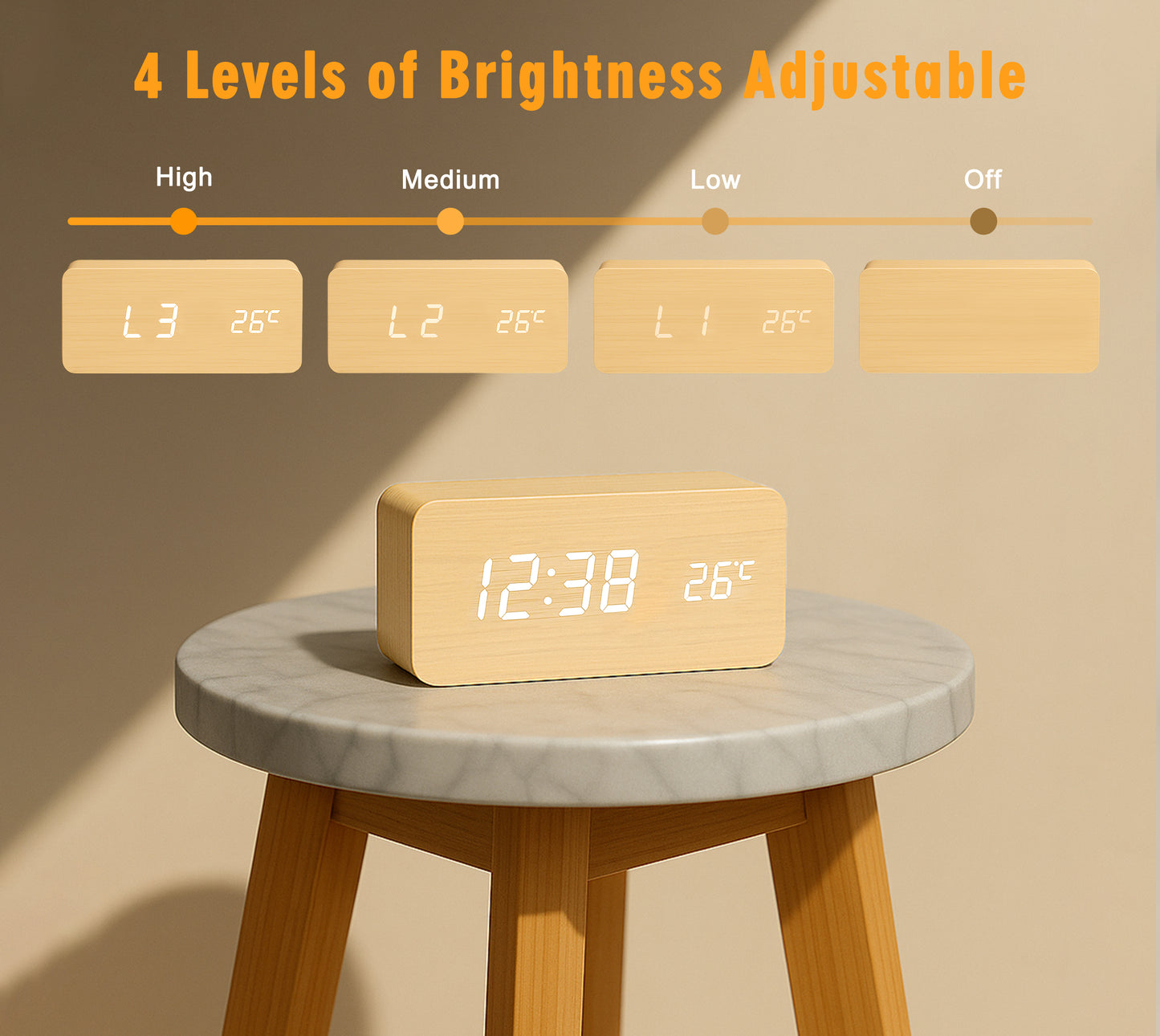 Multi-Function Digital Clock, Adjusting Brightness LED Alarm Clock with Time/Date/Temp Display Wooden Clock Smart Sleep Mode & DC/Battery for Home Office Travel