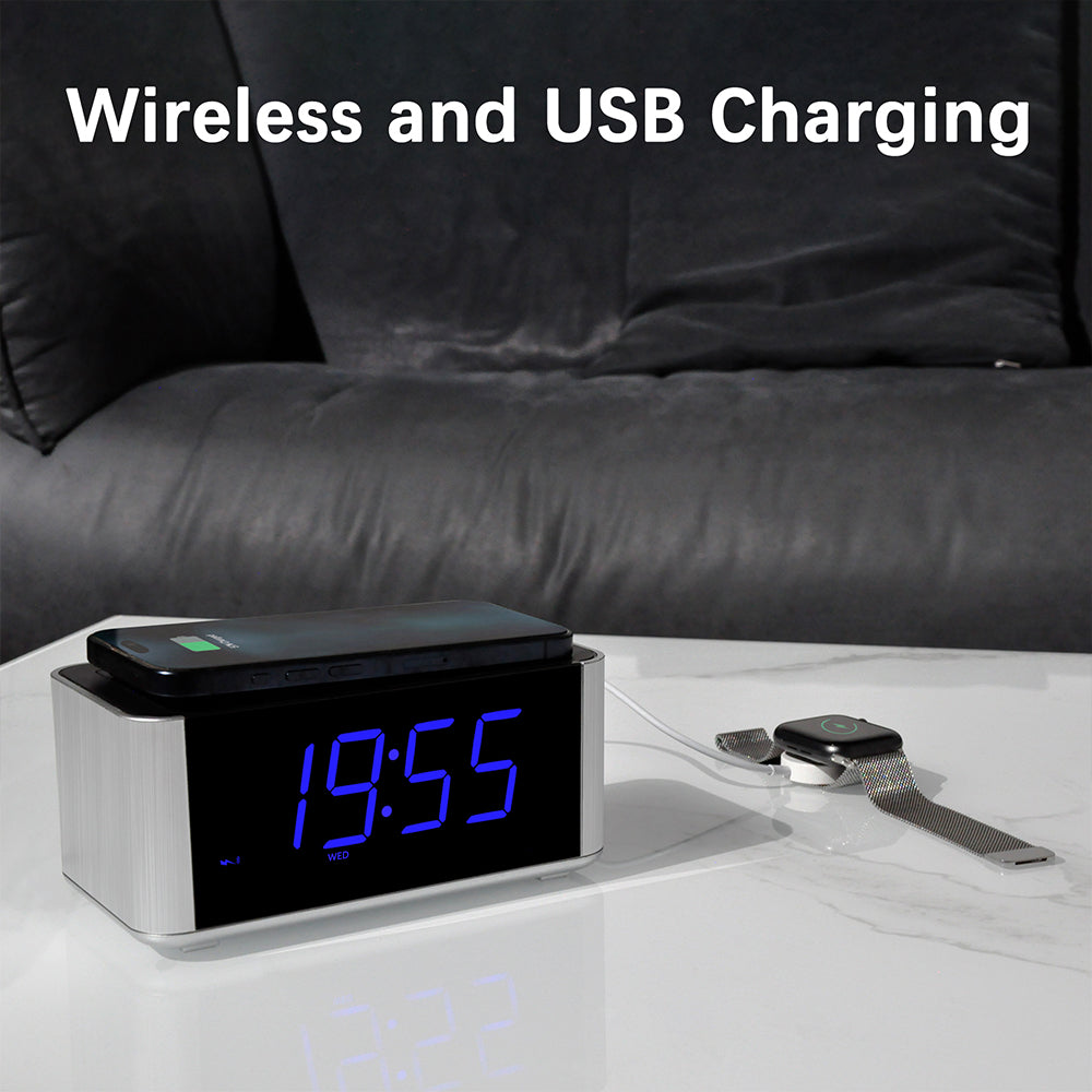 Bedside Alarm Clock Radio with 5W Wireless Charging, Snooze,Bluetooth, Dual Alarm, 1.4'' LED Display, Dimmer, USB Charging Clock for Bedside iTOMA 206S