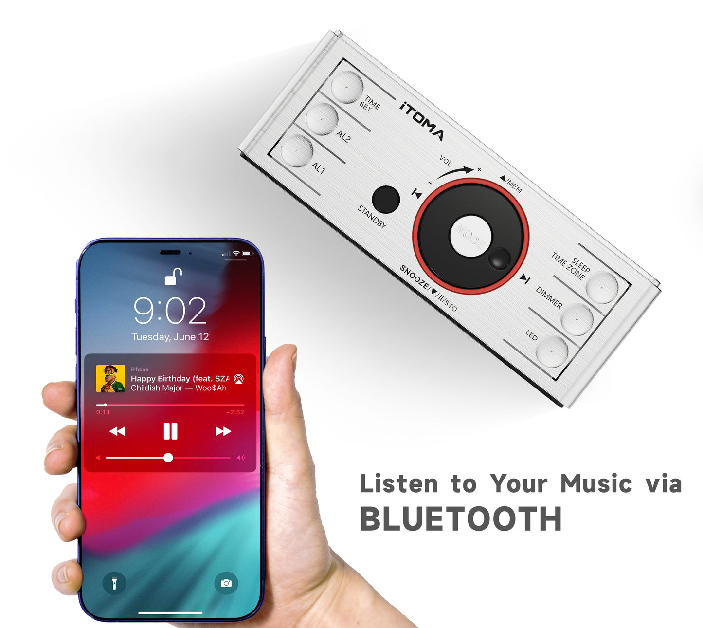 Digital Alarm Clock Radio with Bluetooth Speaker, FM Radio, Dual Alarm with Snooze, Large LED Display, Dimmer Control, Headphone,USB Charging Output and Night Light iTOMA 708