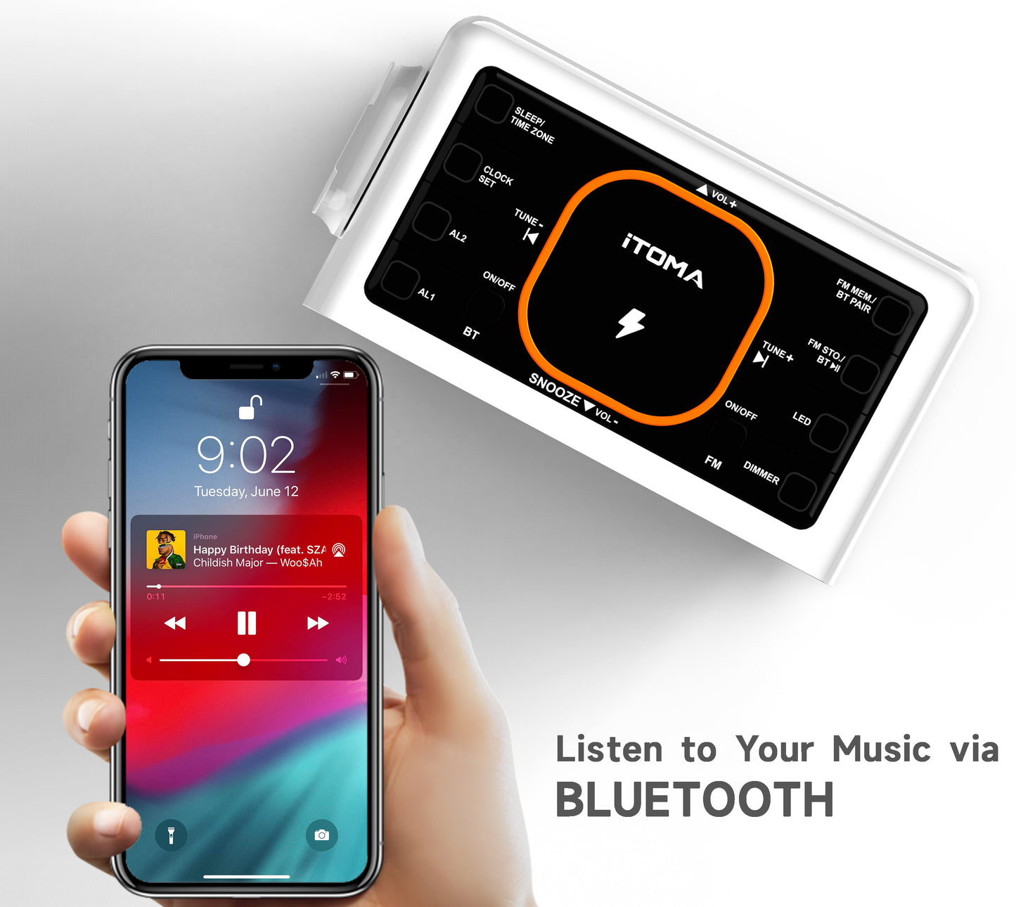 iTOMA 209A-AU Bedside App Control Dual Wireless Charging Alarm Clock Radio with Bluetooth Speaker, FM Radio, Two USB Port, Dual Alarm, Snooze, Night Light, Auto & Manual Dimmer Control and 1.4" Orange Display