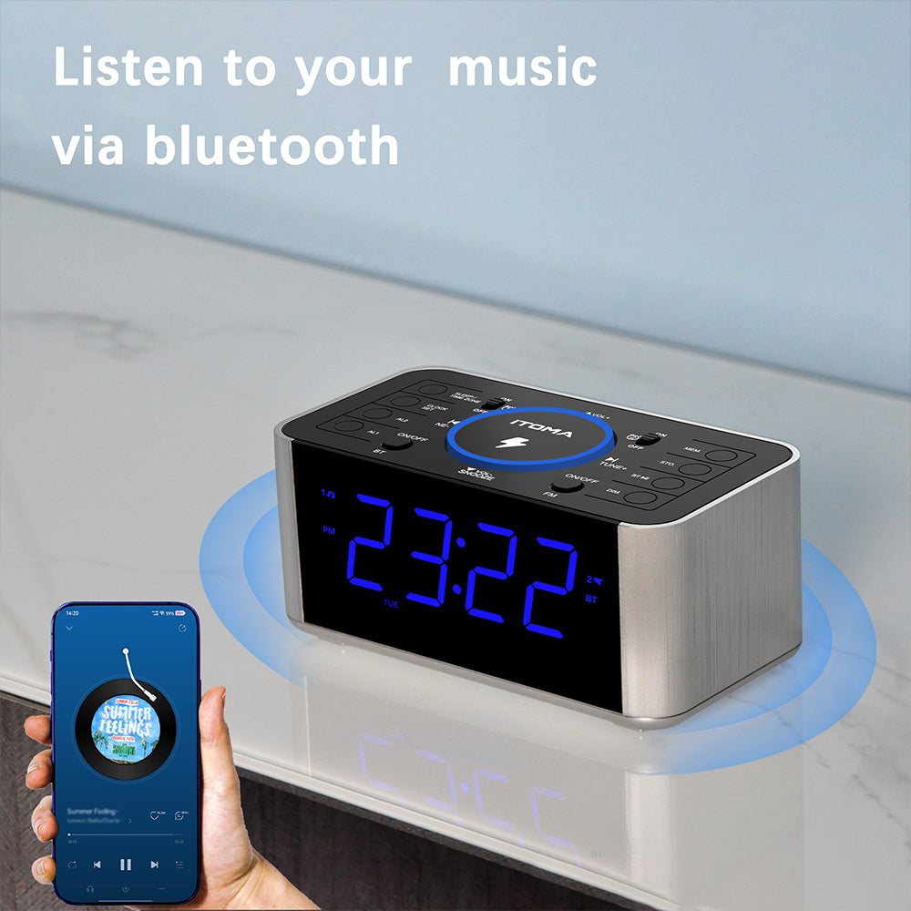 Bedside Alarm Clock Radio with 5W Wireless Charging, Snooze,Bluetooth, Dual Alarm, 1.4'' LED Display, Dimmer, USB Charging Clock for Bedside iTOMA 206S