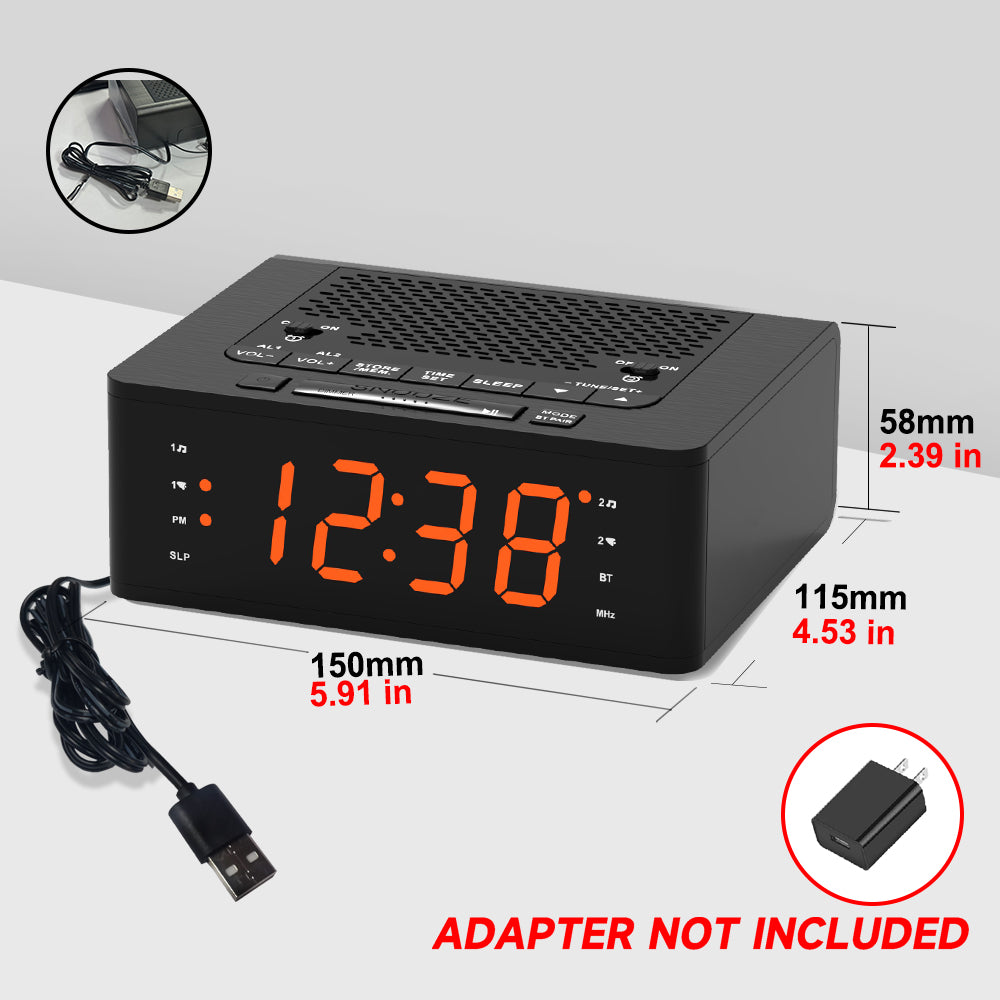 iTOMA 515-AU Bedroom Digital Alarm clock with FM radio, Bluetooth, Dimmable LED display screen, sleep timer, adjustable volume, dual alarm clock with on/off button, bedside alarm clock for adults, the elderly and children