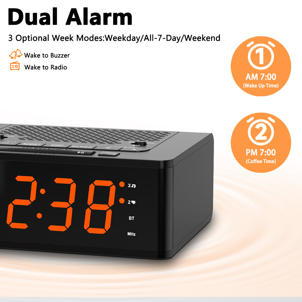 iTOMA 515-AU Bedroom Digital Alarm clock with FM radio, Bluetooth, Dimmable LED display screen, sleep timer, adjustable volume, dual alarm clock with on/off button, bedside alarm clock for adults, the elderly and children