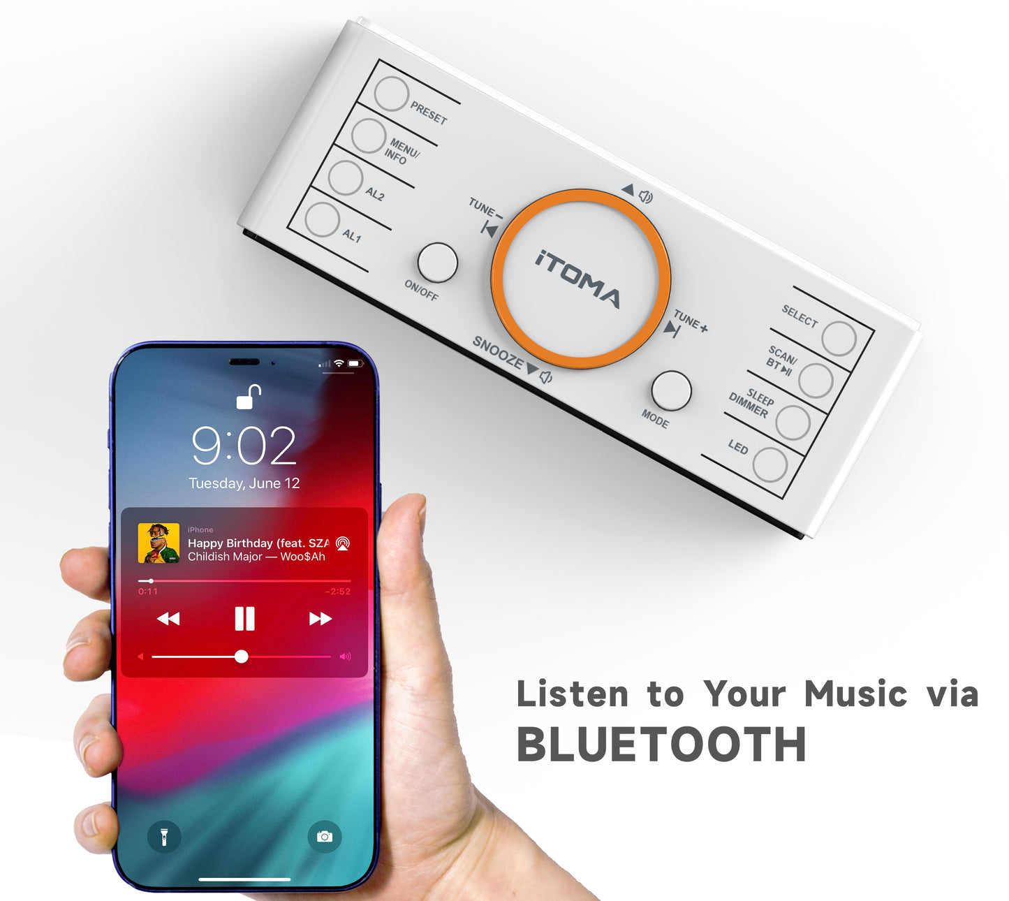 iTOMA 728-AU DAB and FM, Bluetooth, dual alarm clocks, sleep timer, dimming control, USB charger and headphone jack