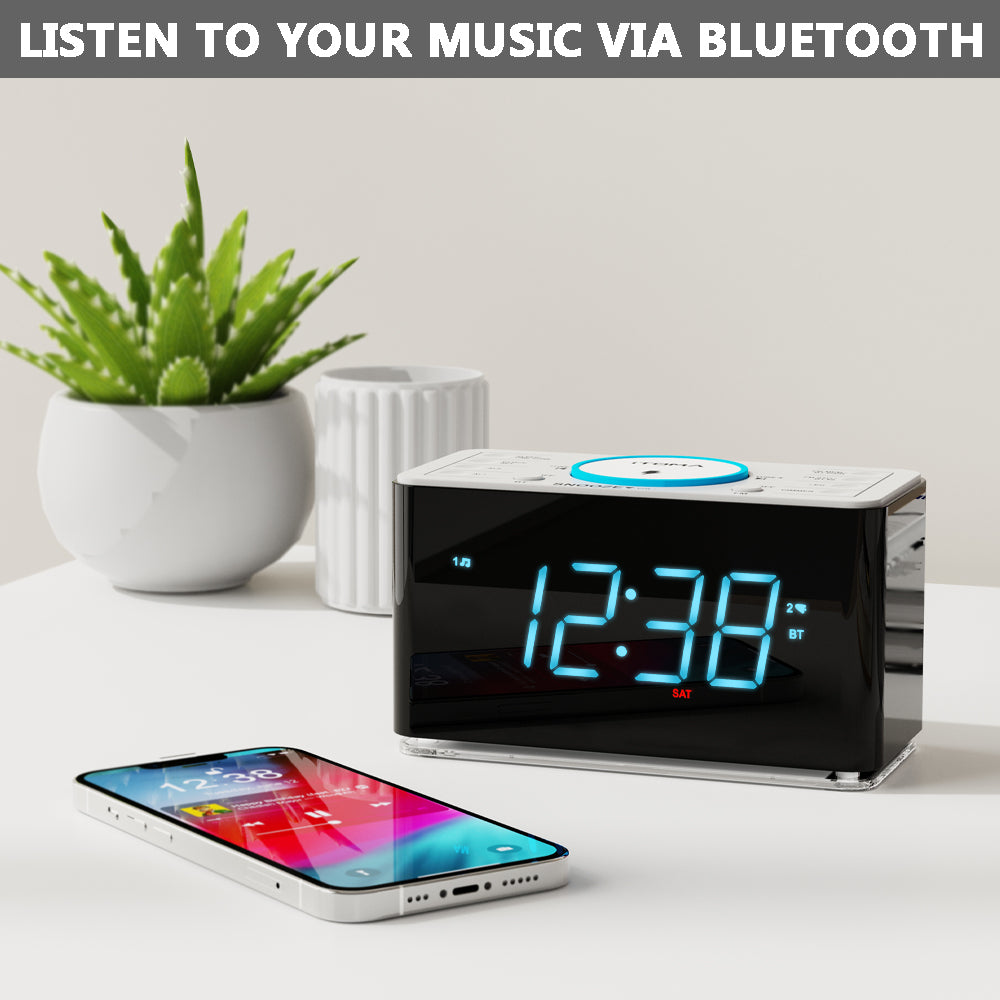 iTOMA 207A-AU Creative APP Control, Alarm Clock Radio with 15W Wireless Charger, FM Radio, Bluetooth, Two Charging Ports, Dual Alarm, Sleep Timer, Snooze, Auto-Manual Dimmer, Night Light &1.4" Ice Blue LED Display Clock Radio for Bedroom