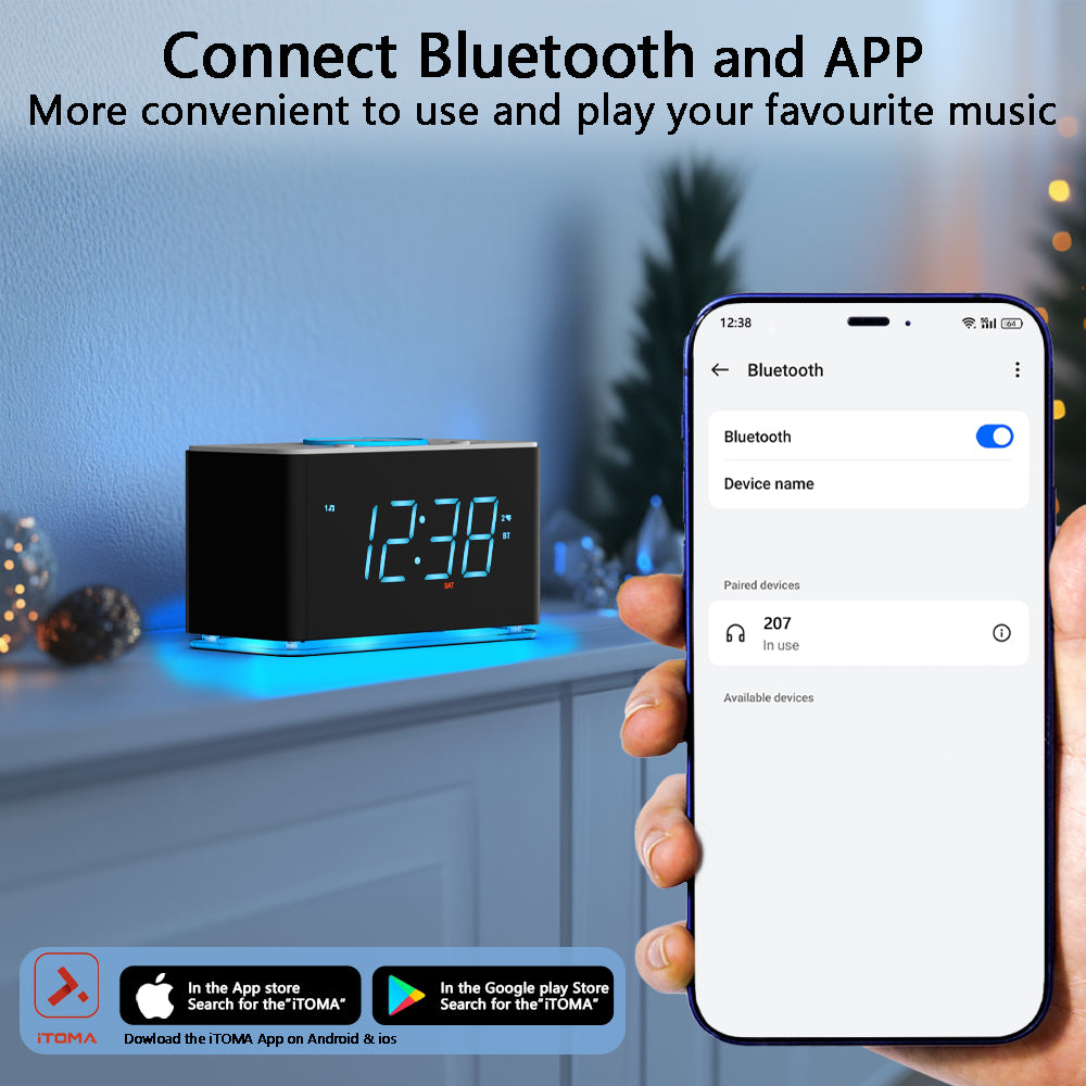 iTOMA 207A-AU Creative APP Control, Alarm Clock Radio with 15W Wireless Charger, FM Radio, Bluetooth, Two Charging Ports, Dual Alarm, Sleep Timer, Snooze, Auto-Manual Dimmer, Night Light &1.4" Ice Blue LED Display Clock Radio for Bedroom