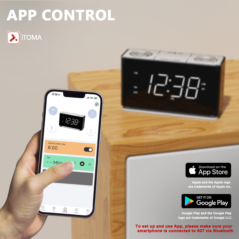 Radio reloj digital creativo, despertador con Bluetooth, pantalla LED grande, radio FM, alarma dual, puerto de carga USB, luz nocturna, atenuador automático y manual, función de repetición, temporizador de apagado automático iTOMA 507A