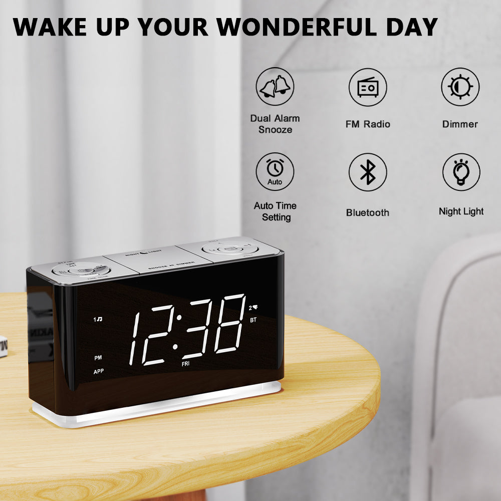 Radio reloj digital creativo, despertador con Bluetooth, pantalla LED grande, radio FM, alarma dual, puerto de carga USB, luz nocturna, atenuador automático y manual, función de repetición, temporizador de apagado automático iTOMA 507A