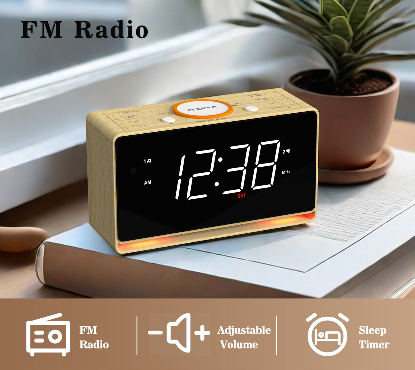 Digital Alarm Clock Radio, 1.4" White LED Display Clock with Bluetooth, FM Radio, Dual Alarm, Sleep Timer, Snooze, Auto & Manual Dimmer, USB Charger and Night Light iTOMA 718