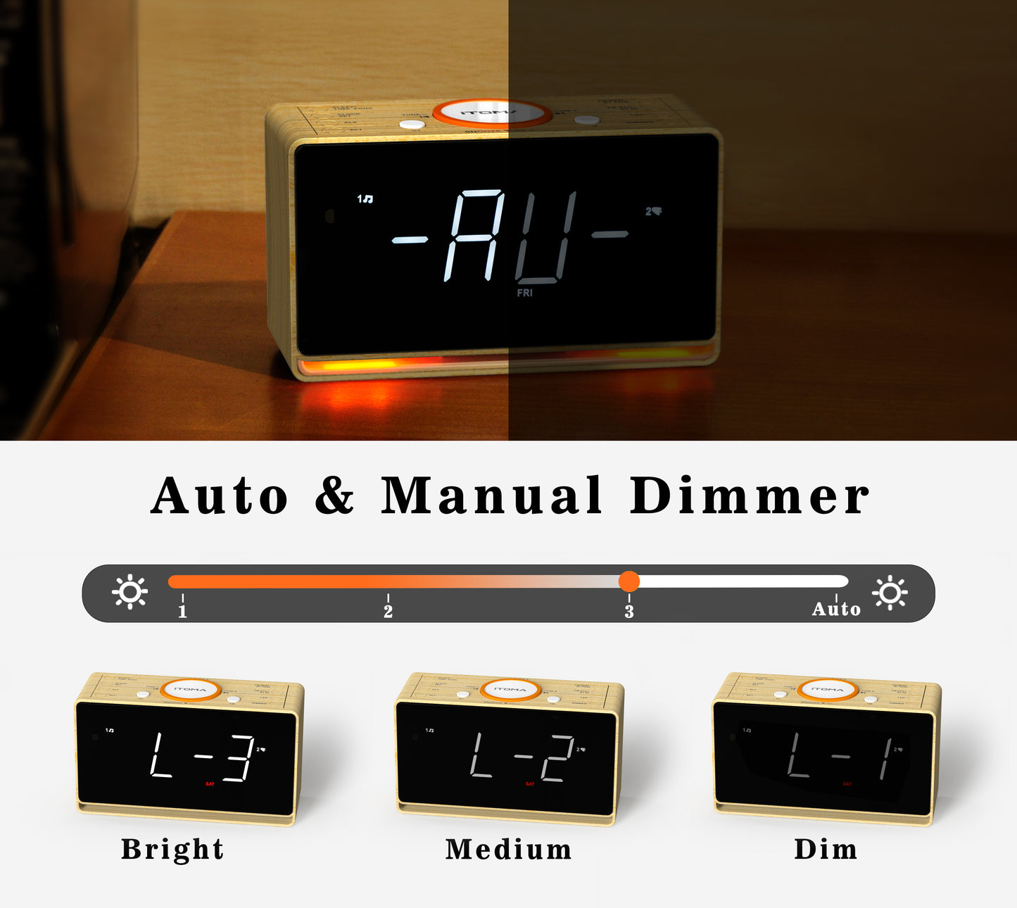 Digital Alarm Clock Radio, 1.4" White LED Display Clock with Bluetooth, FM Radio, Dual Alarm, Sleep Timer, Snooze, Auto & Manual Dimmer, USB Charger and Night Light iTOMA 718