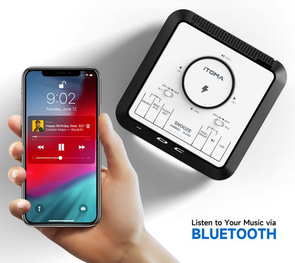 Radio despertador inalámbrico de carga para mesita de noche con altavoz Bluetooth, radio FM, alarma dual con repetición, carga USB, luz nocturna y pantalla regulable iTOMA 205