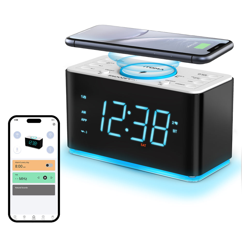 iTOMA 207A-AU Creative APP Control, Alarm Clock Radio with 15W Wireless Charger, FM Radio, Bluetooth, Two Charging Ports, Dual Alarm, Sleep Timer, Snooze, Auto-Manual Dimmer, Night Light &1.4" Ice Blue LED Display Clock Radio for Bedroom
