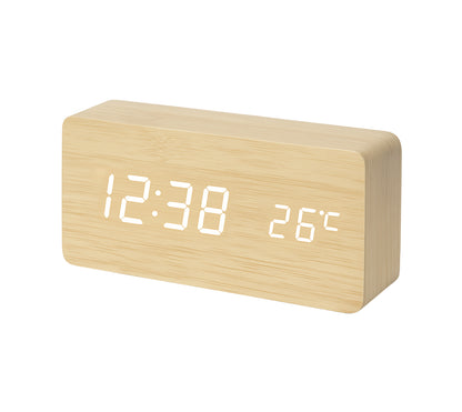 Multi-Function Digital Clock, Adjusting Brightness LED Alarm Clock with Time/Date/Temp Display Wooden Clock Smart Sleep Mode & DC/Battery for Home Office Travel